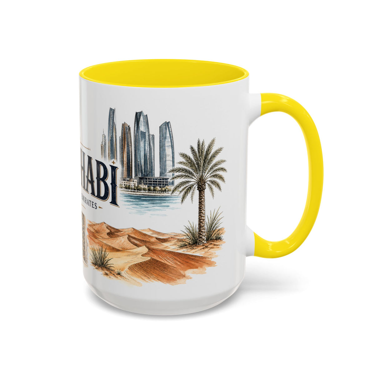 Abu Dhabi Coffee Mug | United Arab Emirates Travel Souvenir | Vintage Illustrated City Gift | 11 oz 15 oz Accent Mug