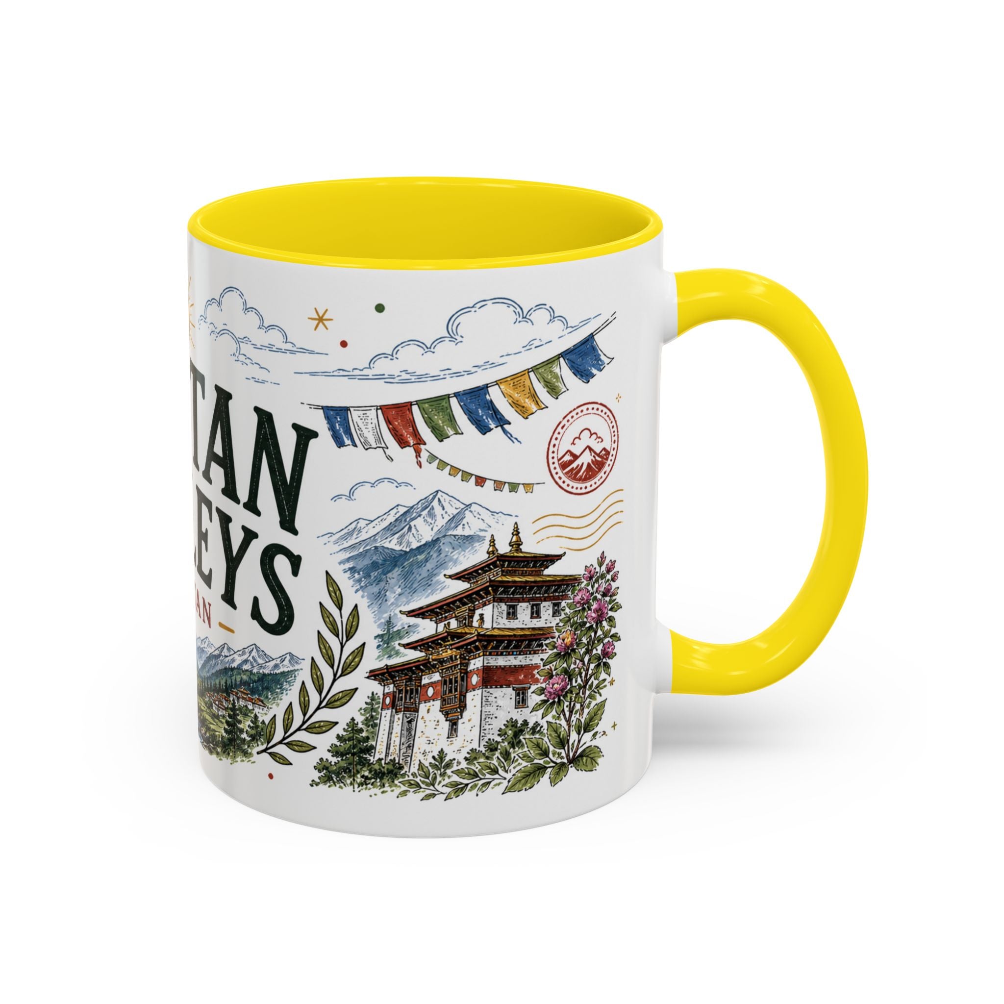 Bhutan Valleys Coffee Mug | Travel Destination Souvenir Gift | Accent Color Ceramic 11oz 15oz