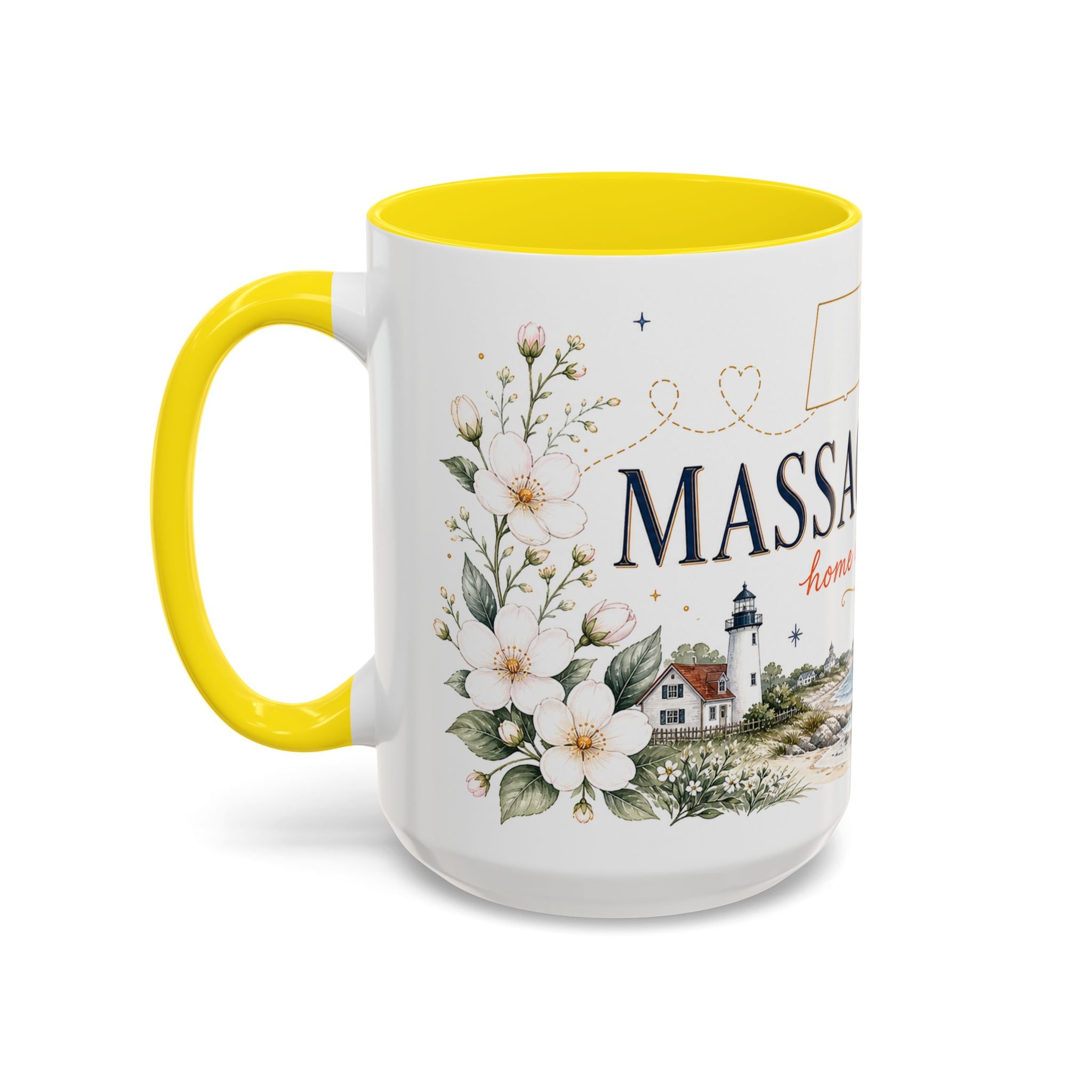 Massachusetts State Map Mug | Coastal Scene, Botanical Accents (11oz, 15oz)