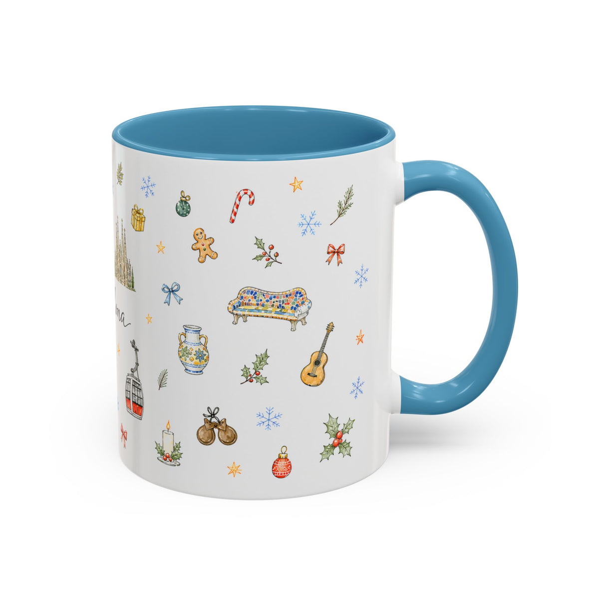 Barcelona Christmas Mug | Watercolor City Souvenir, Ceramic Coffee Cup (11oz/15oz)