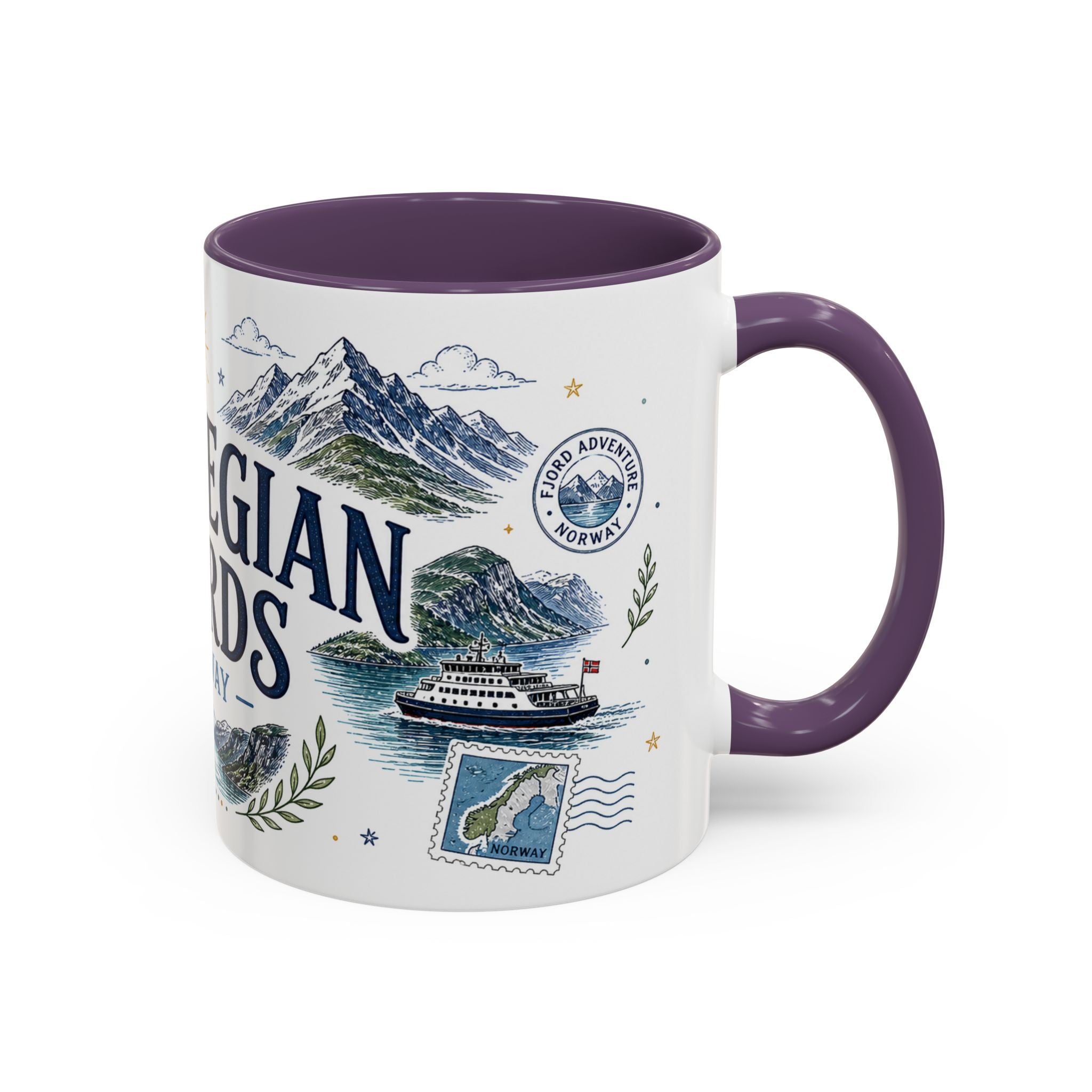 Norwegian Fjords Coffee Mug | Travel Destination Souvenir Gift | Accent Color Ceramic 11oz 15oz