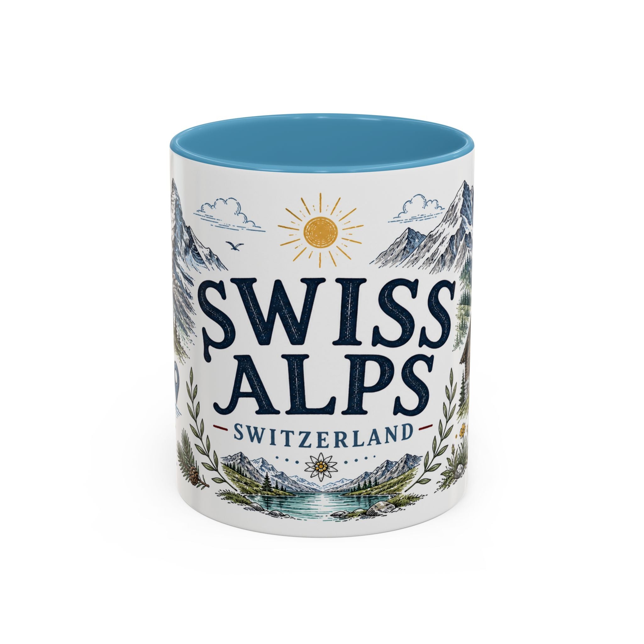 Swiss Alps Coffee Mug | Travel Destination Souvenir Gift | Accent Color Ceramic 11oz 15oz
