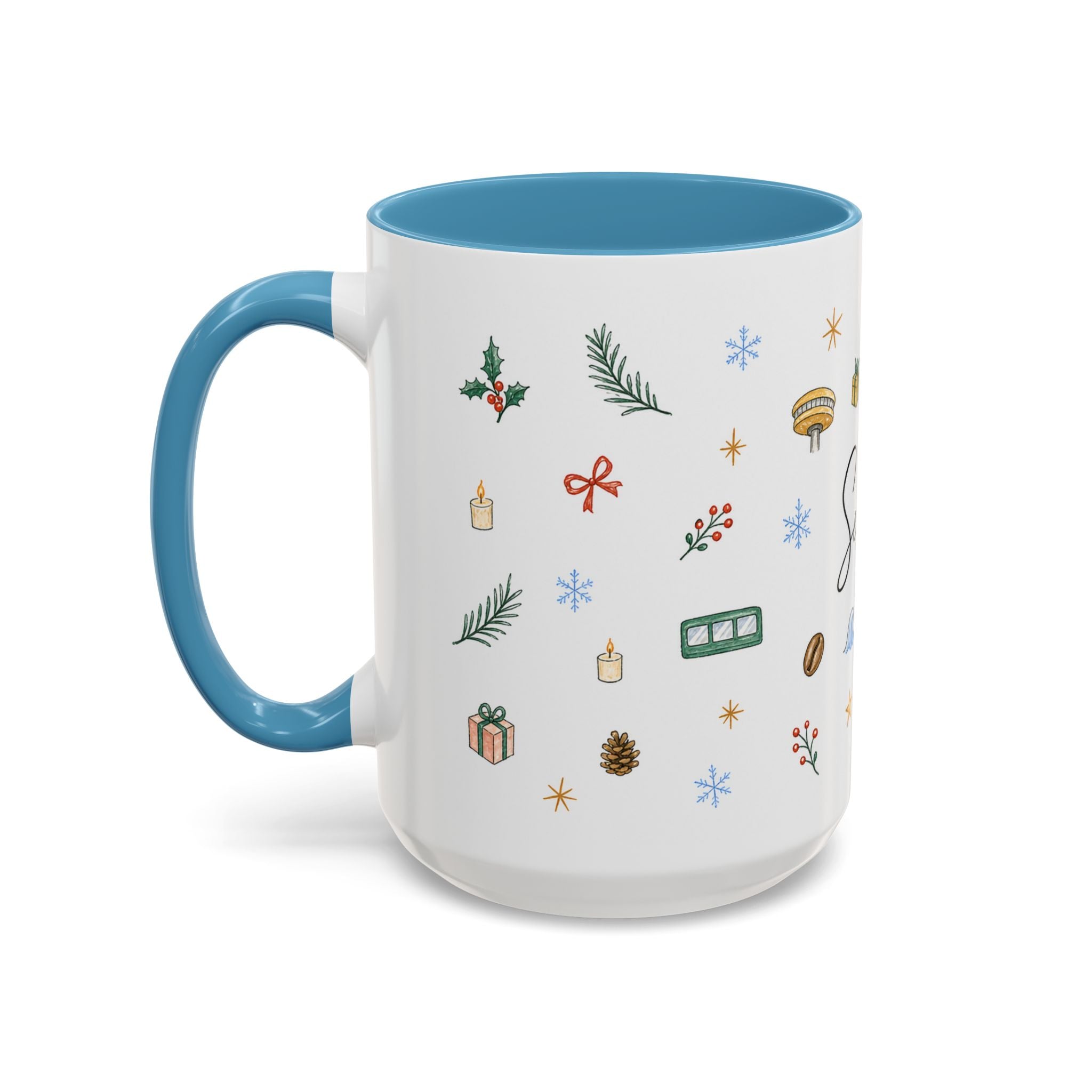 Seattle Christmas Mug | Watercolor Travel Souvenir | Holiday Gift | Accent Ceramic Coffee Cup 11oz 15oz