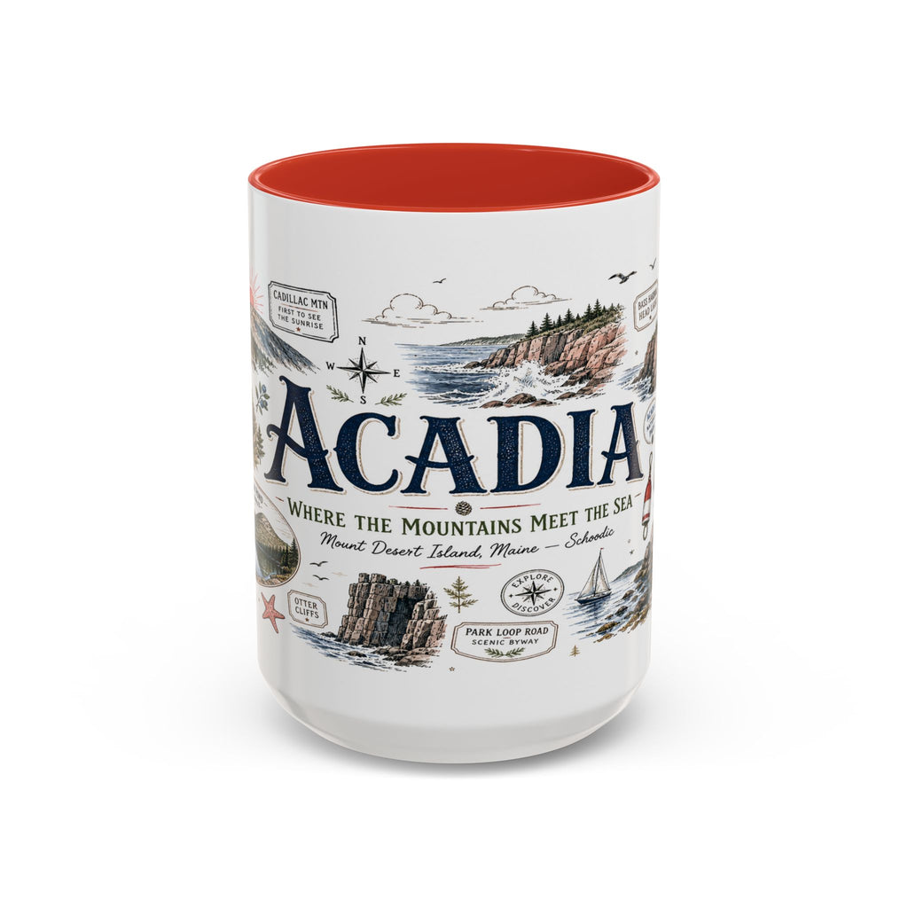Acadia Coffee Mug | National Park Hiking Coastal Gift | Accent Color Ceramic 11oz 15oz