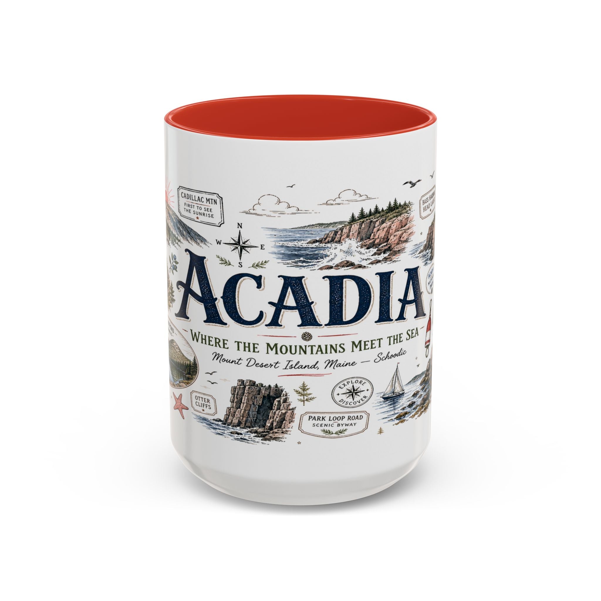 Acadia Coffee Mug | National Park Hiking Coastal Gift | Accent Color Ceramic 11oz 15oz