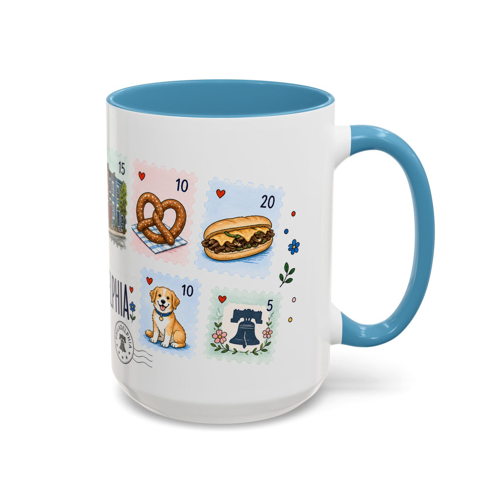 Philadelphia Coffee Mug | Postage Stamp Collage Mug | Travel Souvenir Accent Cup 11oz 15oz