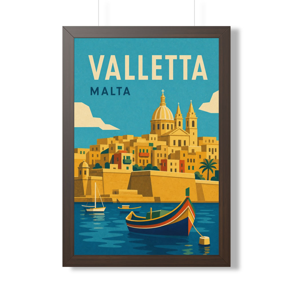 Valletta Malta Framed Poster | Vintage Travel Wall Art | Black Walnut White Frame | 16x24 20x30