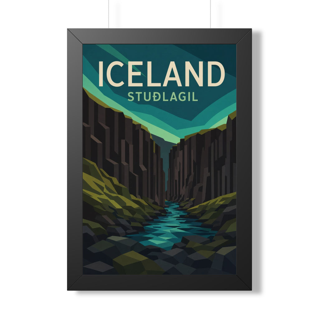 Stuðlagil Canyon Iceland Framed Poster | Vintage Travel Wall Art | Black Walnut White Frame | 16x24 20x30