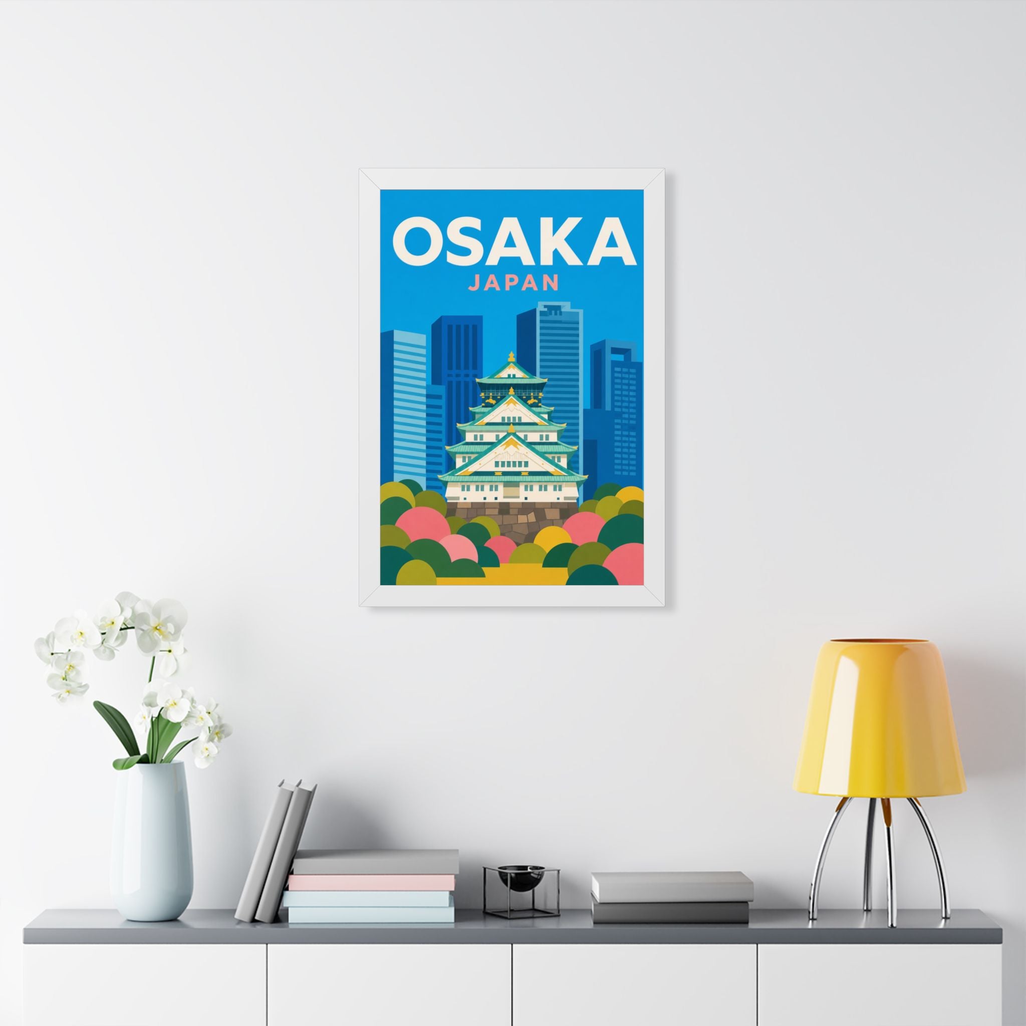 Osaka Japan Framed Poster | Vintage Travel Wall Art | Black Walnut White Frame | 16x24 20x30