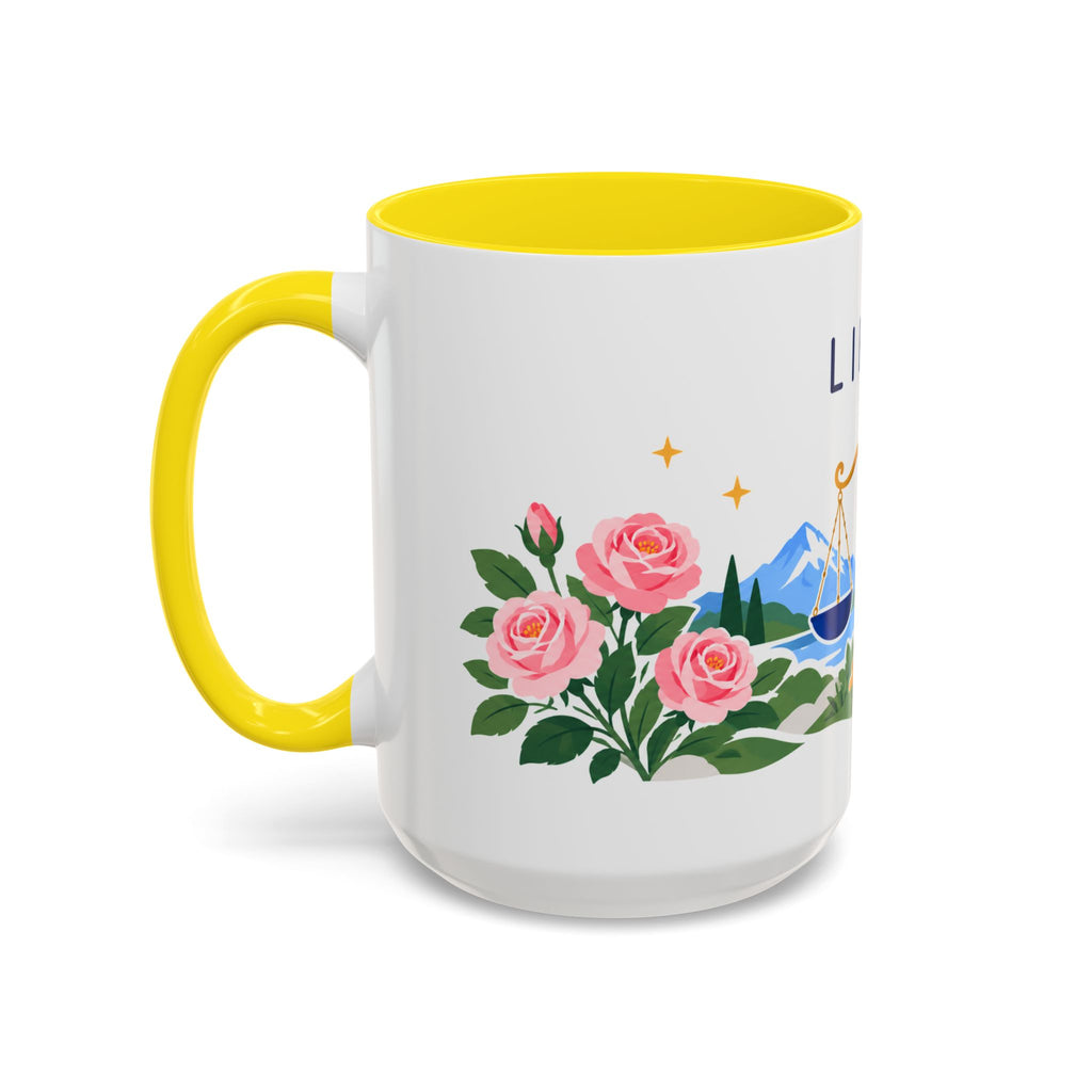 Libra Zodiac Coffee Mug | Scales and Rose Design | Astrology Birthday Gift | 11 oz 15 oz Ceramic Accent Mug