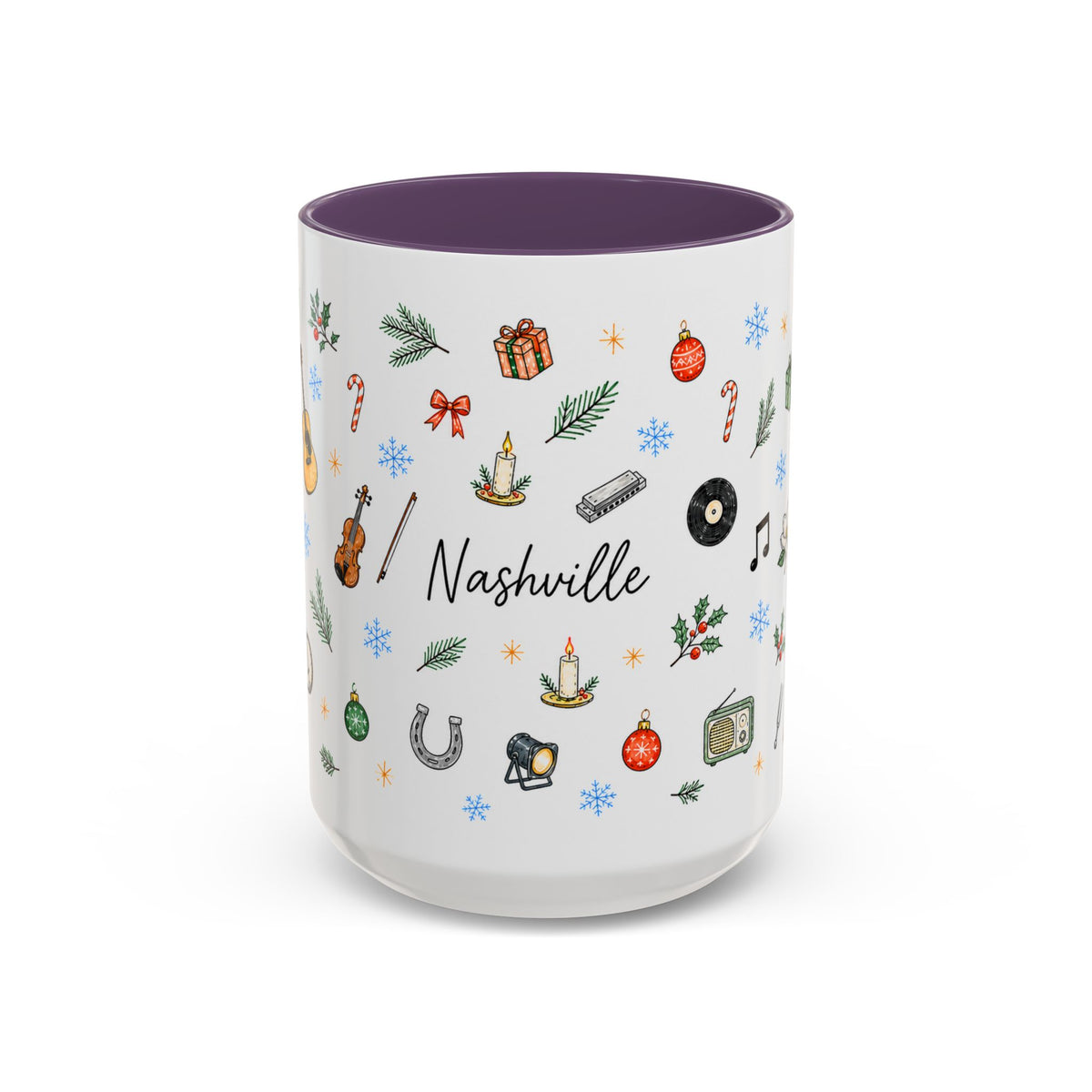 Nashville Christmas Mug | Watercolor City Souvenir, Acoustic Guitar, Harmonica (11oz 15oz)