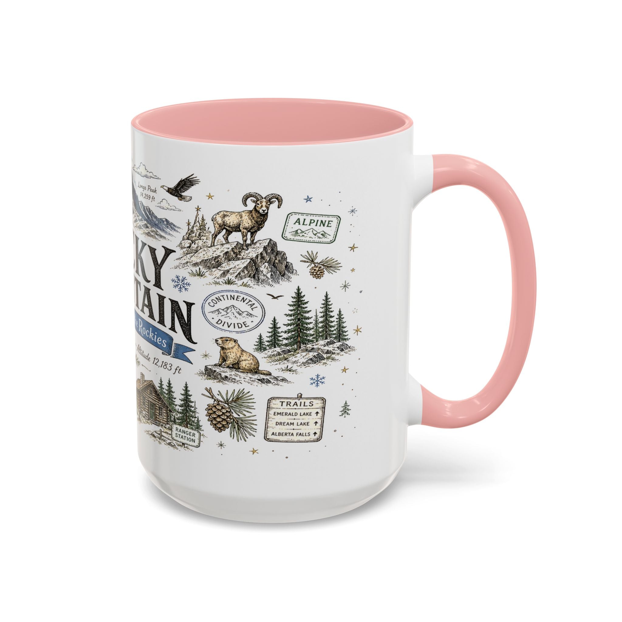 Rocky Mountain Coffee Mug | National Park Hiking Camping Gift | Accent Color Ceramic 11oz 15oz