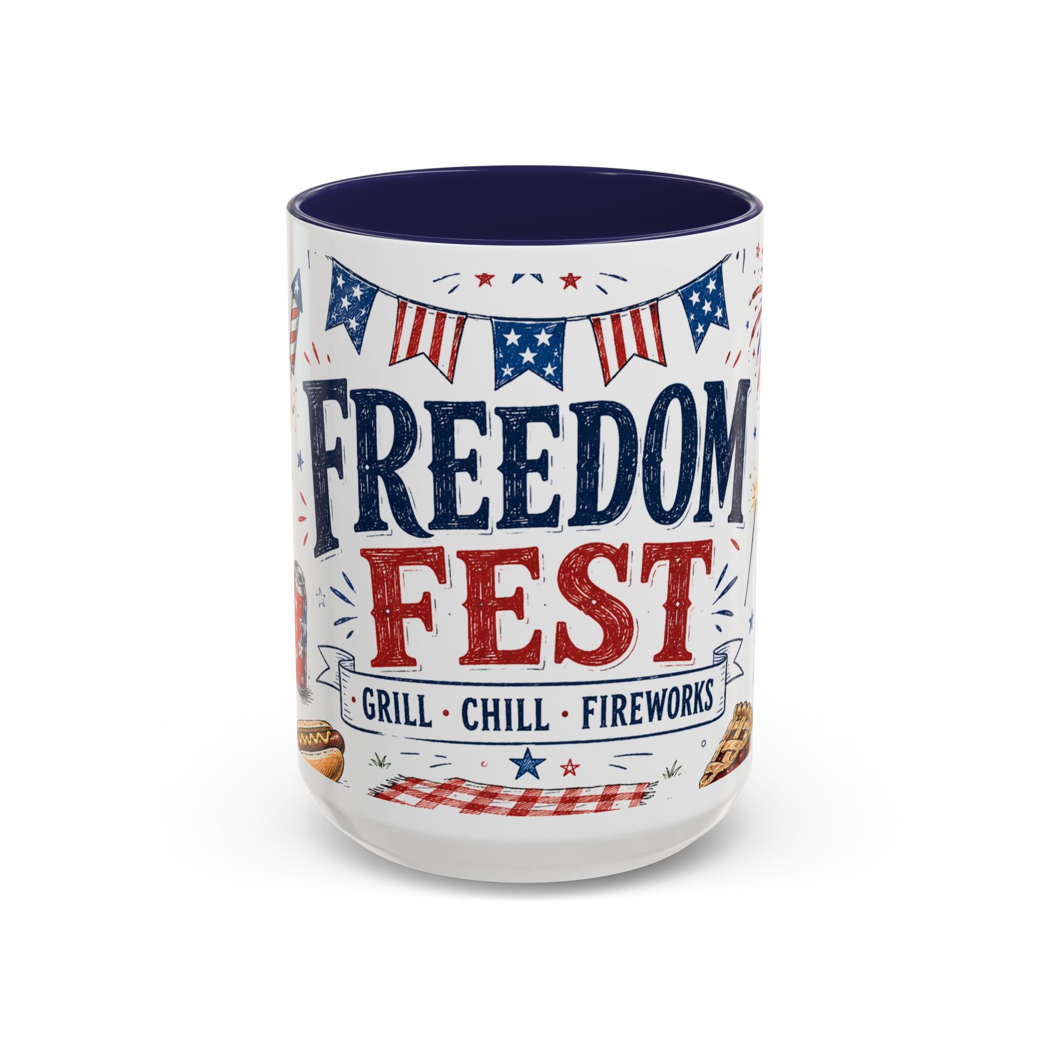 Freedom Fest Coffee Mug | Grill Chill Fireworks 4th of July | Accent Color Ceramic 11oz 15oz