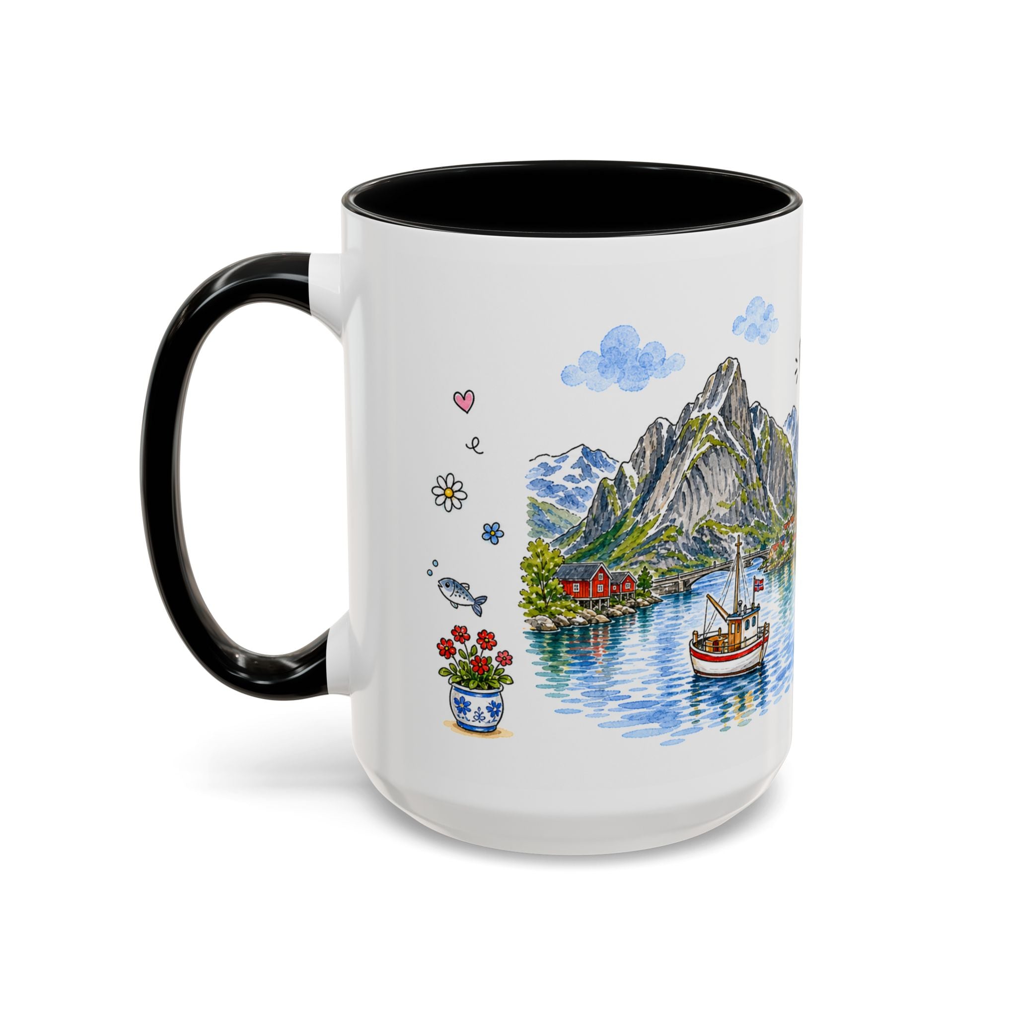 Reine Illustrated Travel Mug | Norway Souvenir Accent Coffee Mug | 11oz 15oz Ceramic Cup