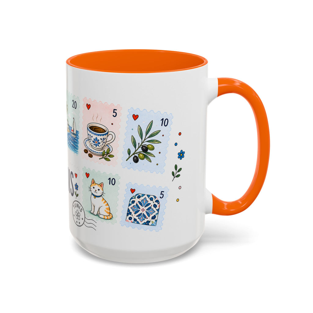 Tunis Coffee Mug | Postage Stamp Collage Mug | Travel Souvenir Accent Cup 11oz 15oz