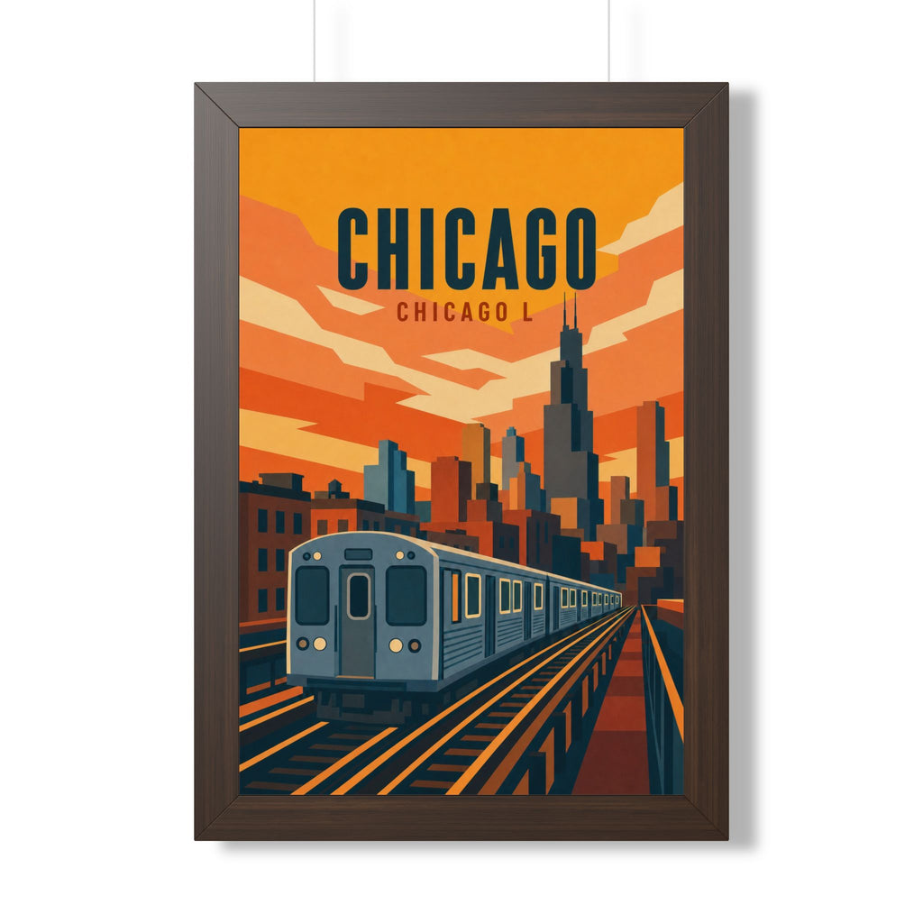 Chicago L Train United States Framed Poster | Vintage Travel Wall Art | Black Walnut White Frame | 16x24 20x30
