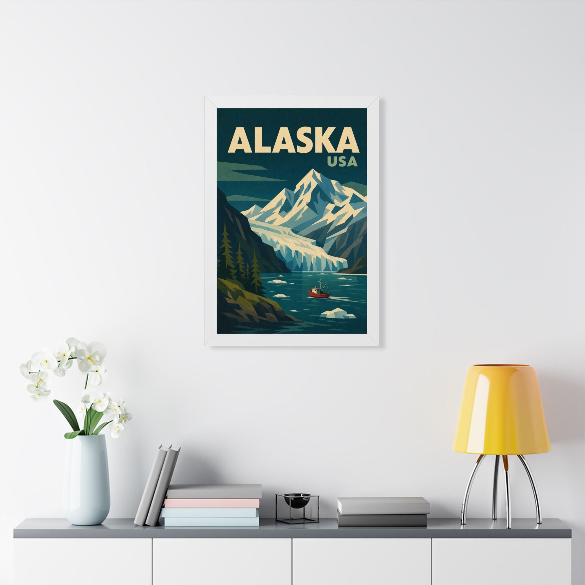 Alaska Mountains United States Framed Poster | Vintage Travel Wall Art | Black Walnut White Frame | 16x24 20x30