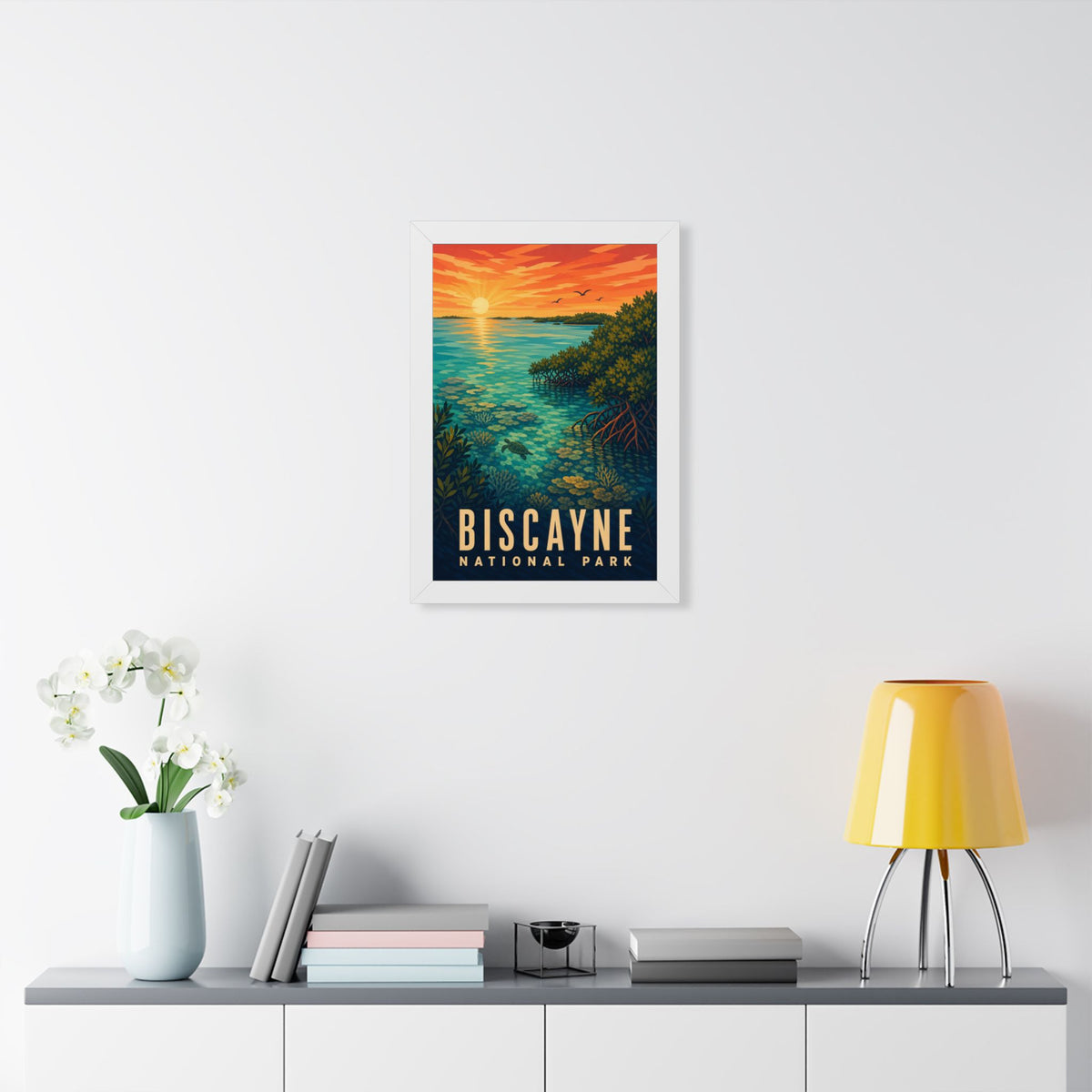 Biscayne National Park Framed Poster | Vintage Travel Wall Art | Black Walnut White Frame | 16x24 20x30