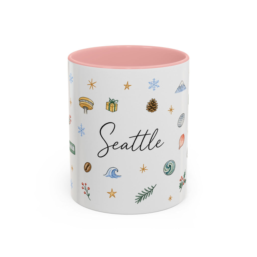 Seattle Christmas Mug | Watercolor Travel Souvenir | Holiday Gift | Accent Ceramic Coffee Cup 11oz 15oz