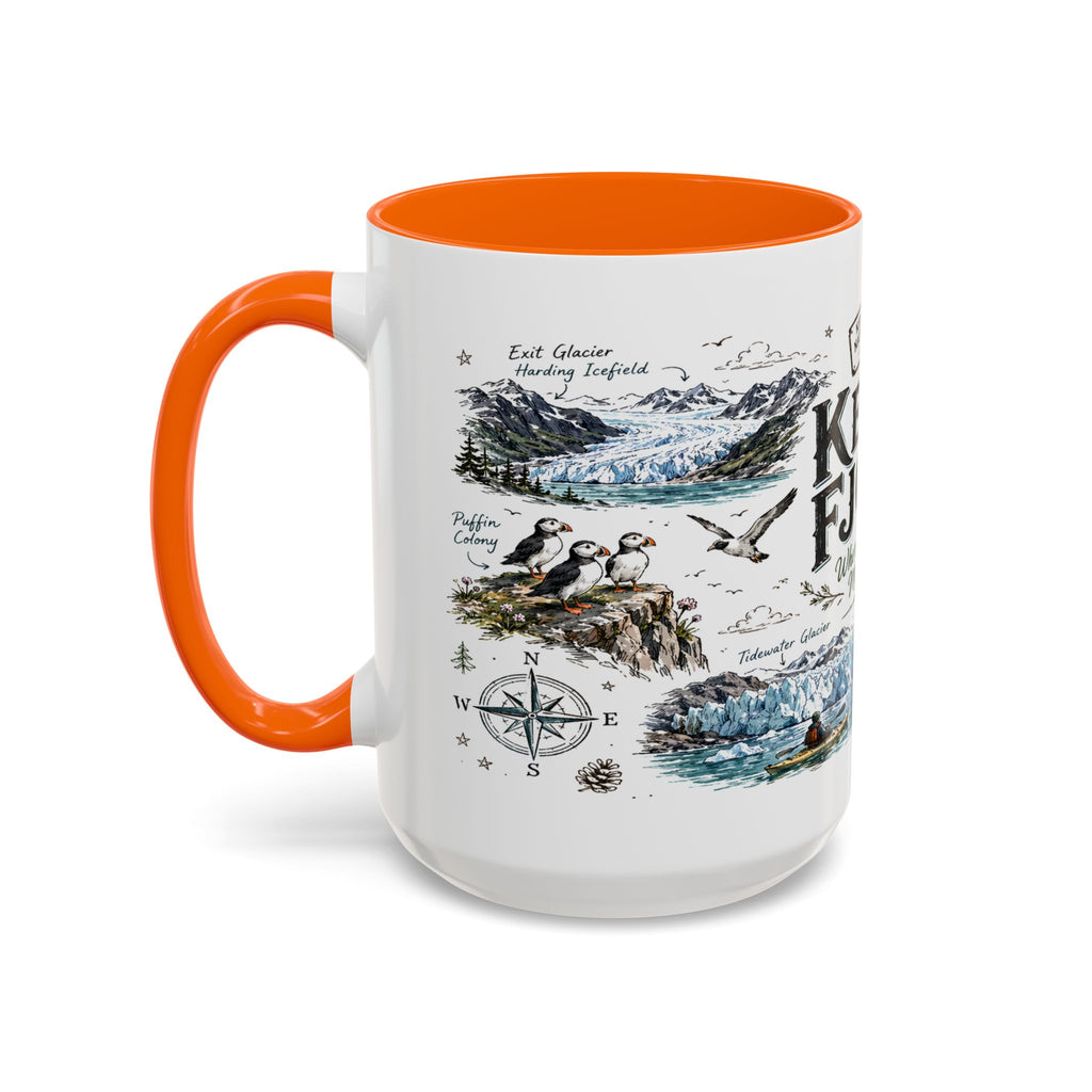 Kenai Fjords National Park Coffee Mug | Alaska Coastal Wildlife Hiking Gift | Accent Color Ceramic 11oz 15oz