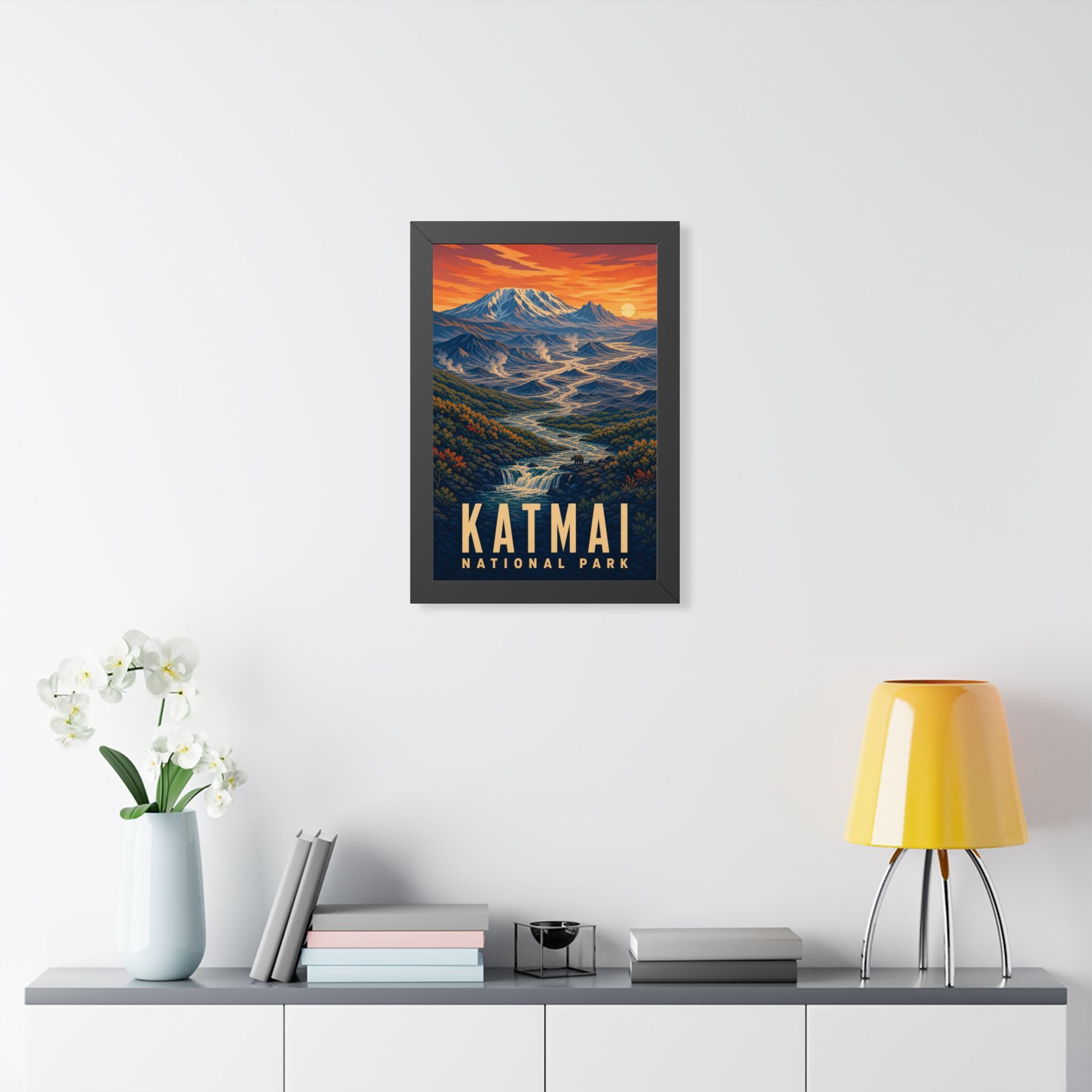 Katmai National Park Framed Poster | Vintage Travel Wall Art | Black Walnut White Frame | 16x24 20x30