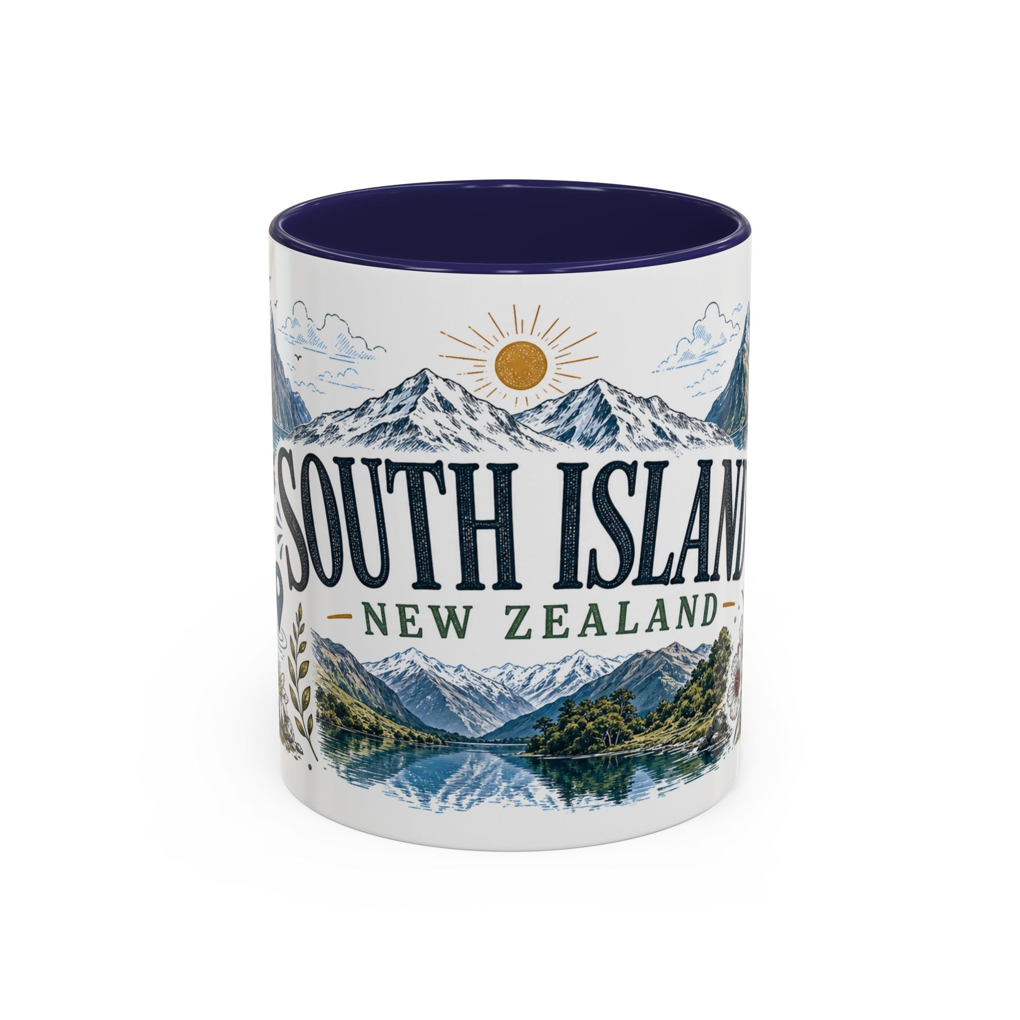 New Zealand South Island Coffee Mug | Travel Destination Souvenir Gift | Accent Color Ceramic 11oz 15oz