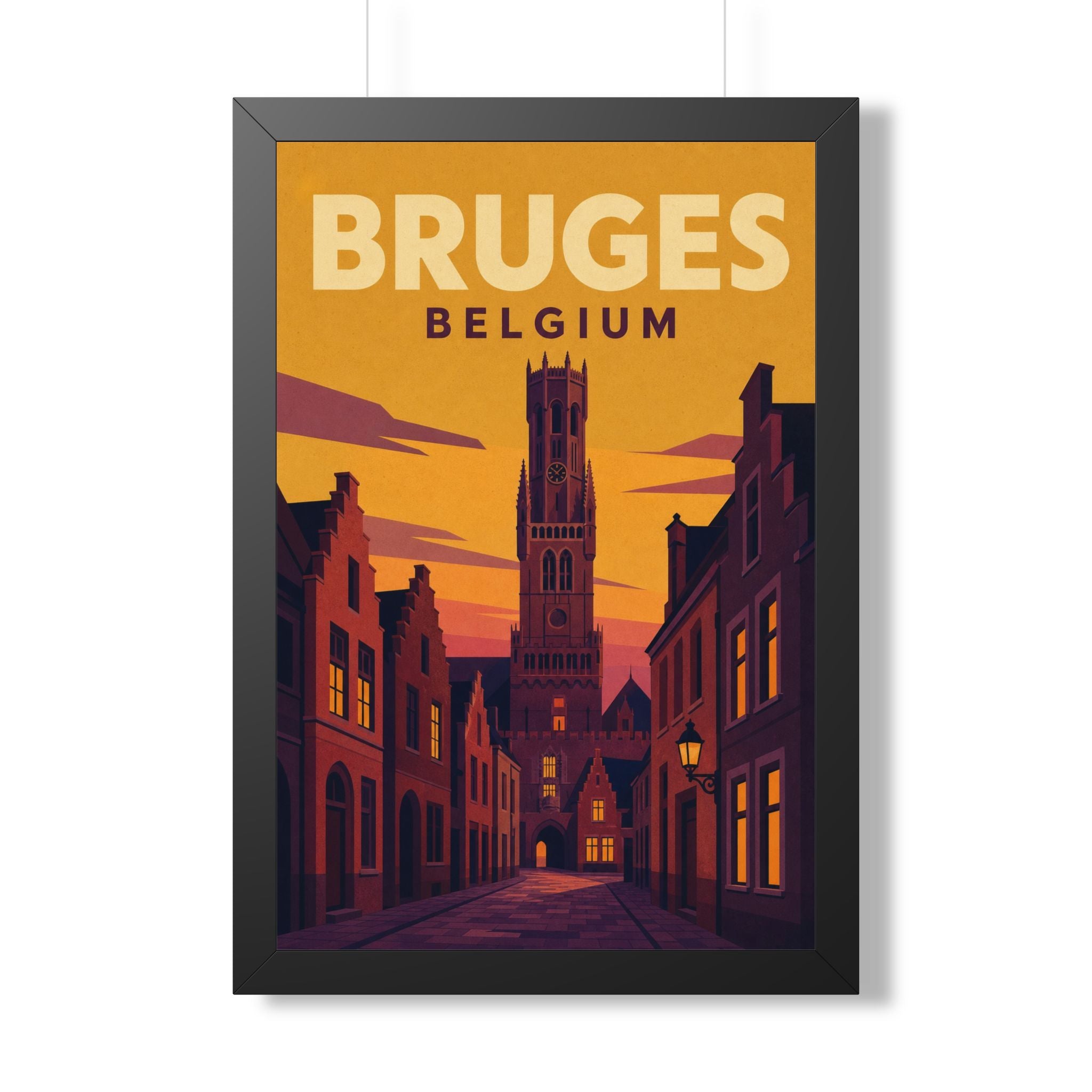 Bruges Belgium Framed Poster | Vintage Travel Wall Art | Black Walnut White Frame | 16x24 20x30
