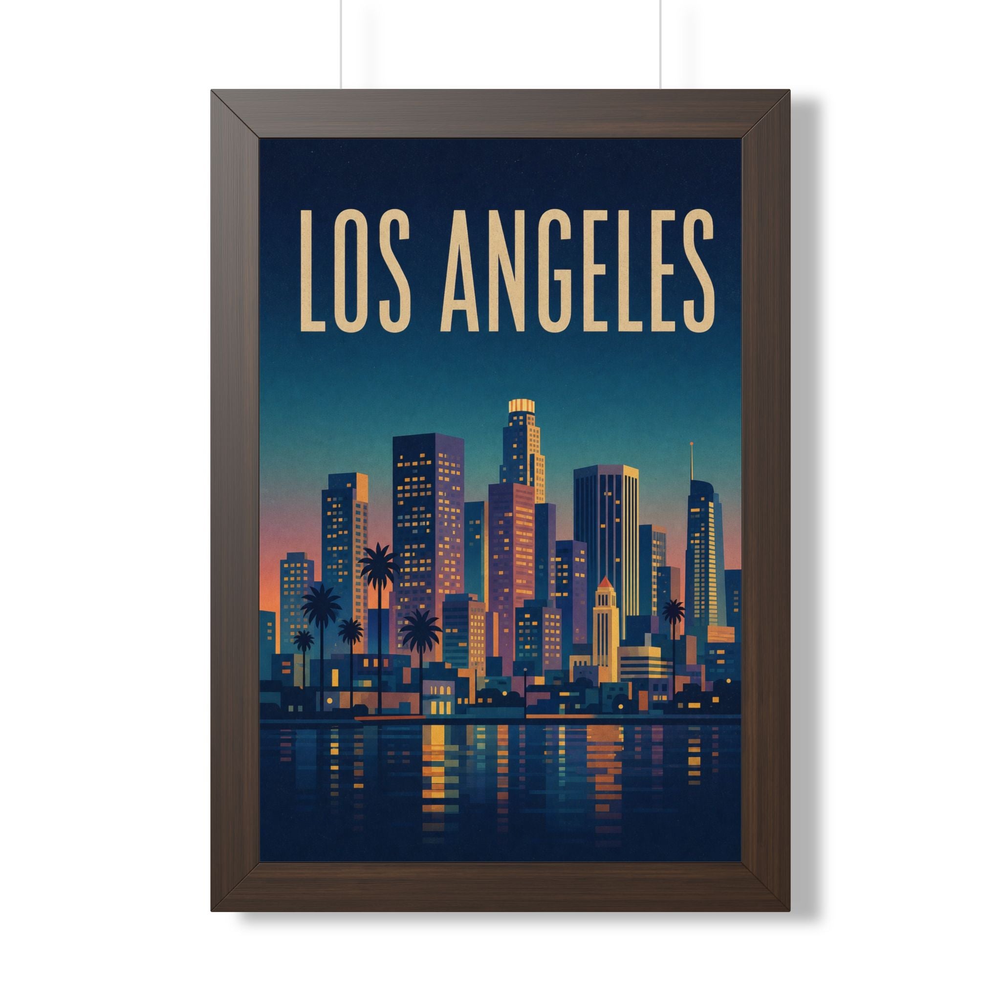 Los Angeles at Night United States Framed Poster | Vintage Travel Wall Art | Black Walnut White Frame | 16x24 20x30
