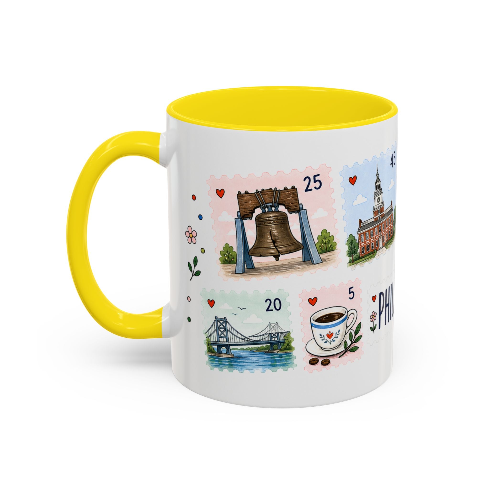Philadelphia Coffee Mug | Postage Stamp Collage Mug | Travel Souvenir Accent Cup 11oz 15oz
