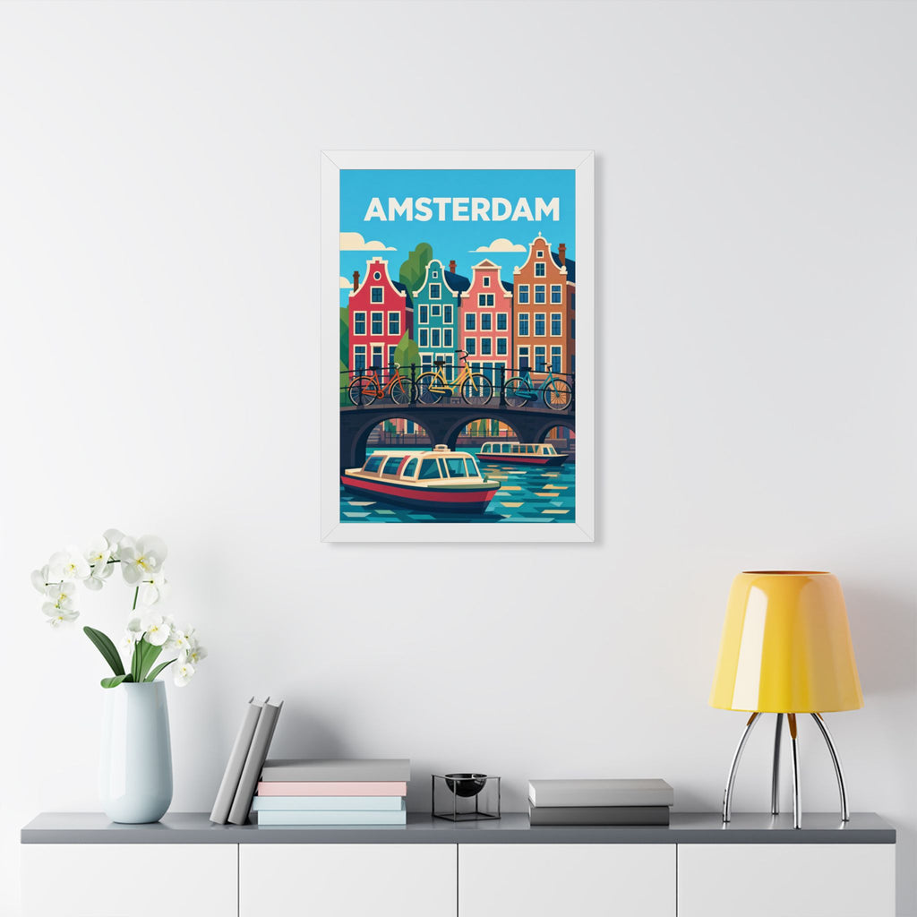 Amsterdam Netherlands Framed Poster | Vintage Travel Wall Art | Black Walnut White Frame | 16x24 20x30