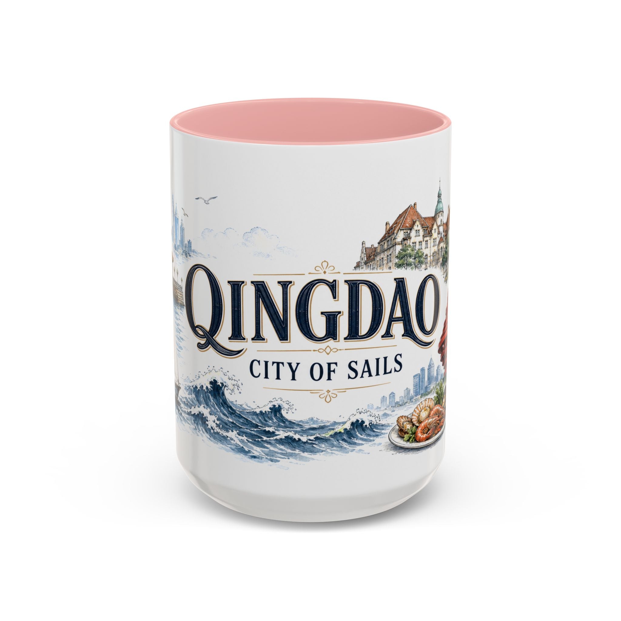 Qingdao Coffee Mug | China Travel Souvenir | Vintage Illustrated City Gift | 11 oz 15 oz Accent Mug