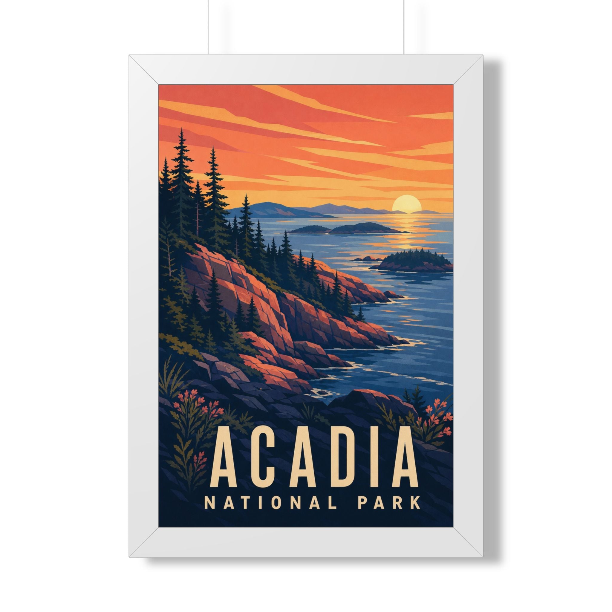 Acadia National Park Framed Poster | Vintage Travel Wall Art | Black Walnut White Frame | 16x24 20x30