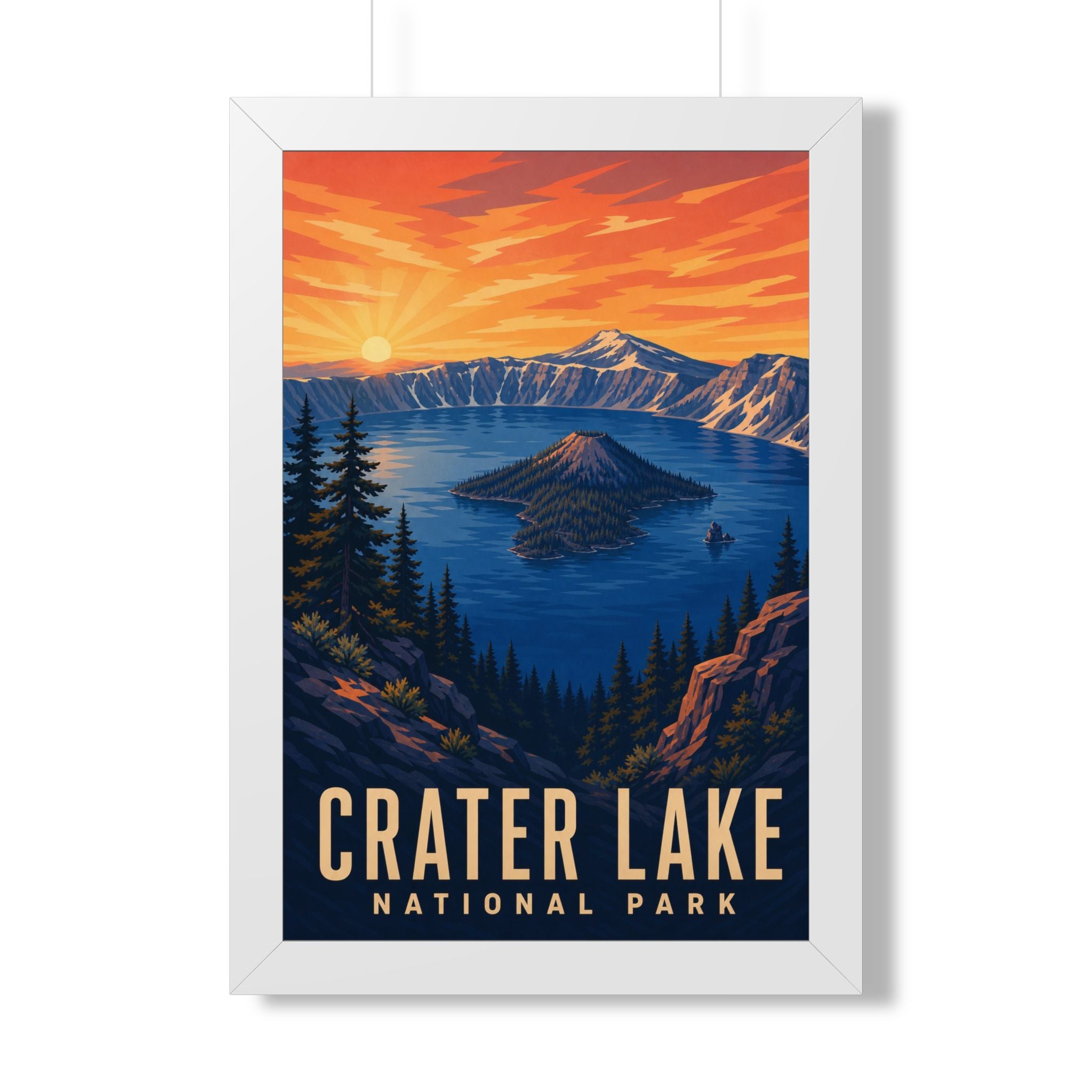 Crater Lake National Park Framed Poster | Vintage Travel Wall Art | Black Walnut White Frame | 16x24 20x30