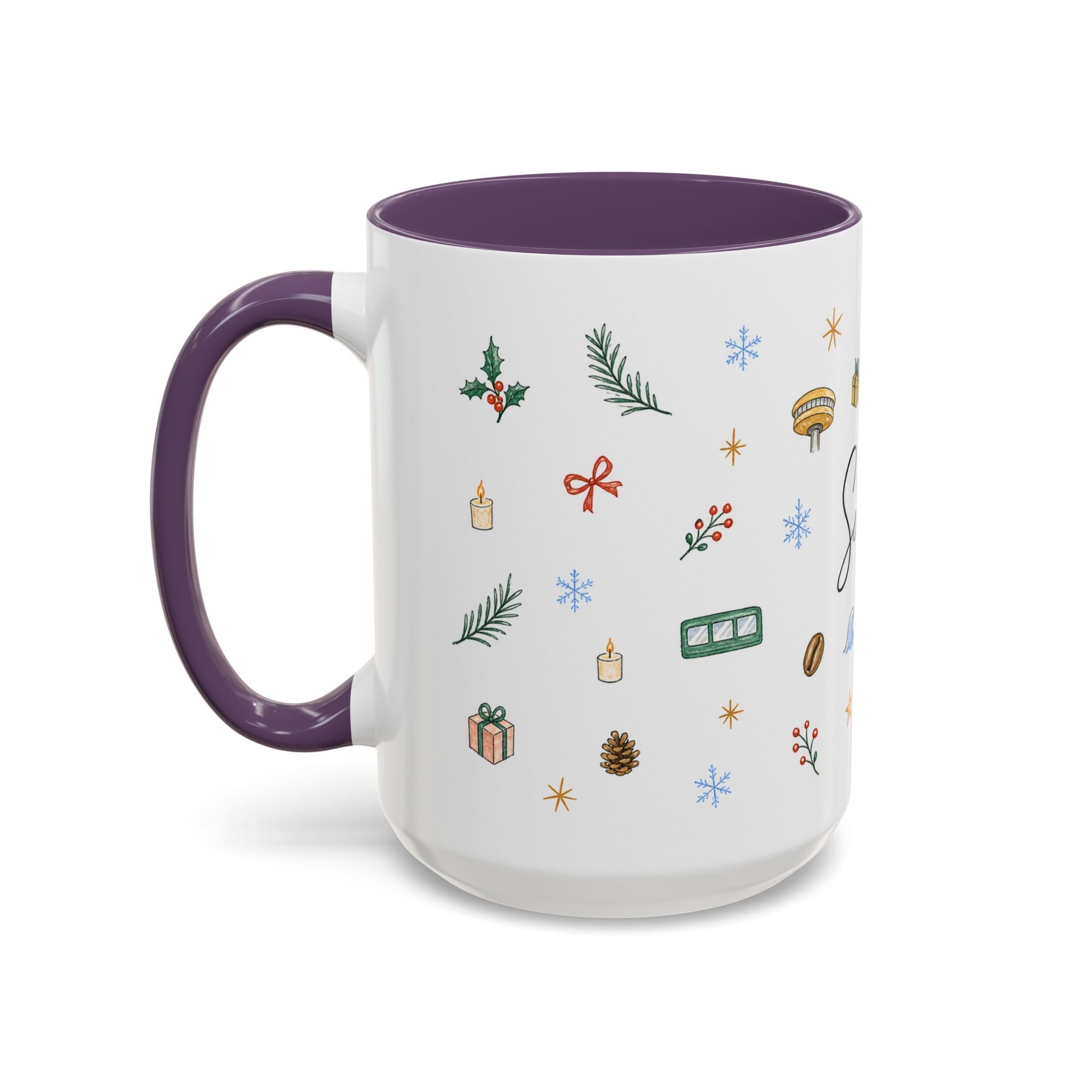 Seattle Christmas Mug | Watercolor Travel Souvenir | Holiday Gift | Accent Ceramic Coffee Cup 11oz 15oz