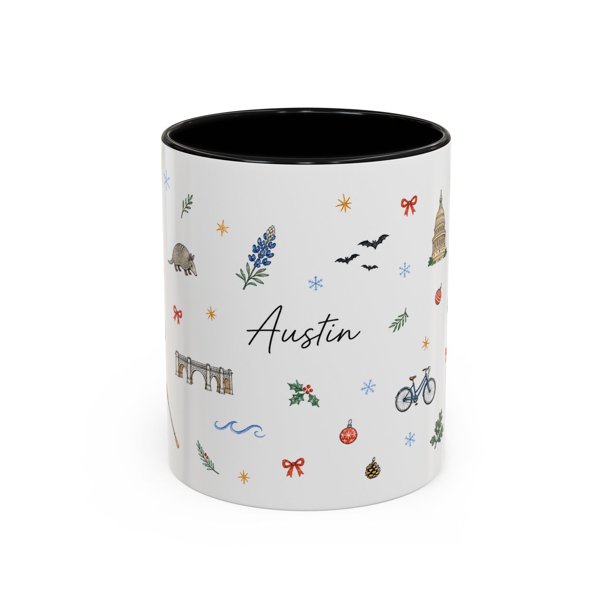 Austin Christmas Mug | Watercolor Travel Souvenir | Holiday Gift | Accent Ceramic Coffee Cup 11oz 15oz