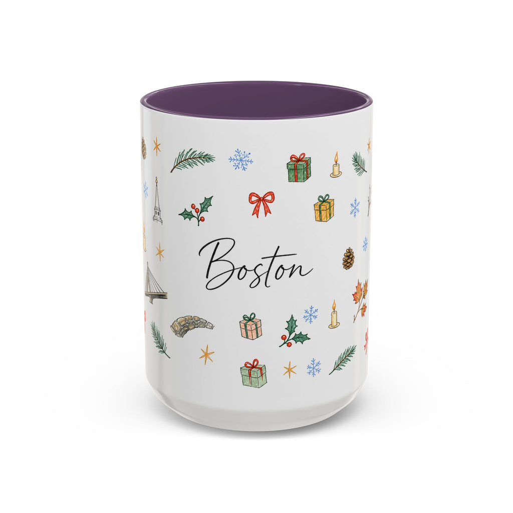 Boston Christmas Mug | Watercolor Travel Souvenir | Holiday Gift | Accent Ceramic Coffee Cup 11oz 15oz