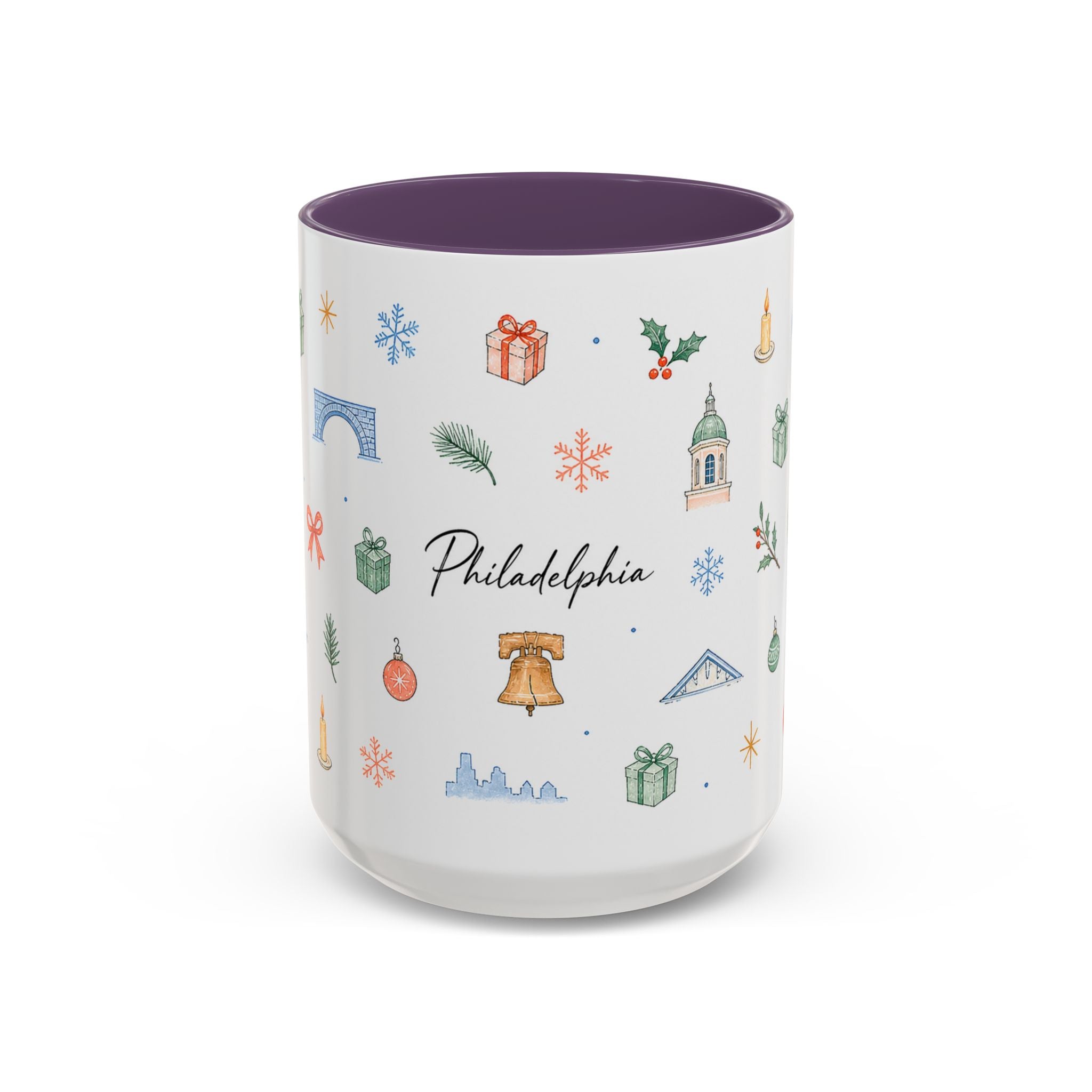 Philadelphia Christmas Mug | Watercolor Travel Souvenir | Holiday Gift | Accent Ceramic Coffee Cup 11oz 15oz