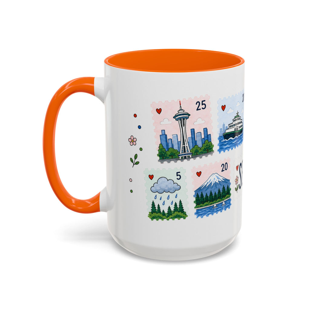 Seattle Coffee Mug | Postage Stamp Collage Mug | Travel Souvenir Accent Cup 11oz 15oz