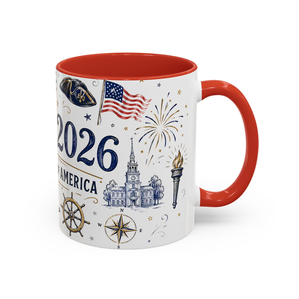 America 250 Coffee Mug | 1776-2026 Patriotic 4th of July Gift | Accent Color Ceramic 11oz 15oz