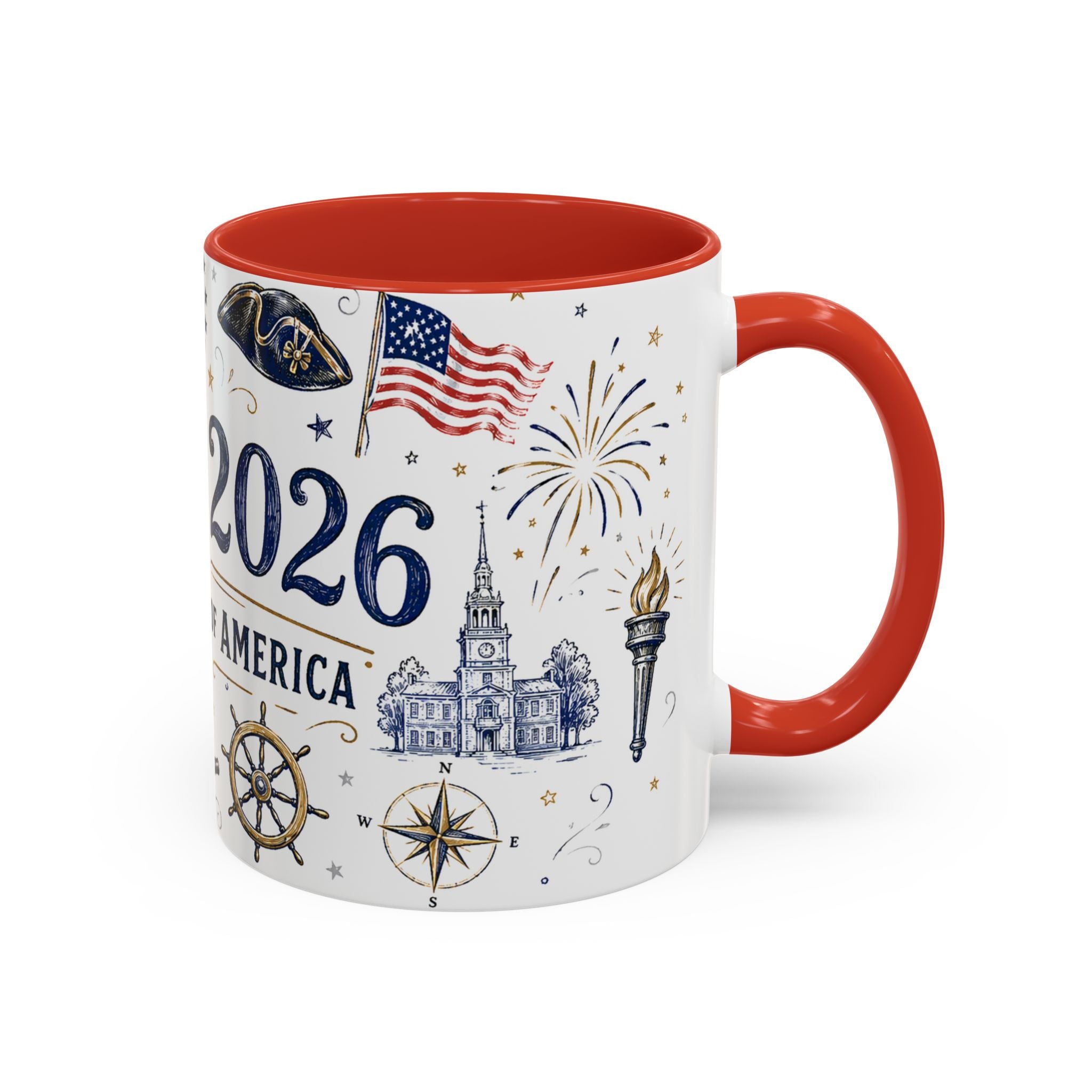 America 250 Coffee Mug | 1776-2026 Patriotic 4th of July Gift | Accent Color Ceramic 11oz 15oz