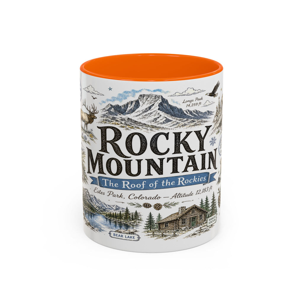 Rocky Mountain Coffee Mug | National Park Hiking Camping Gift | Accent Color Ceramic 11oz 15oz