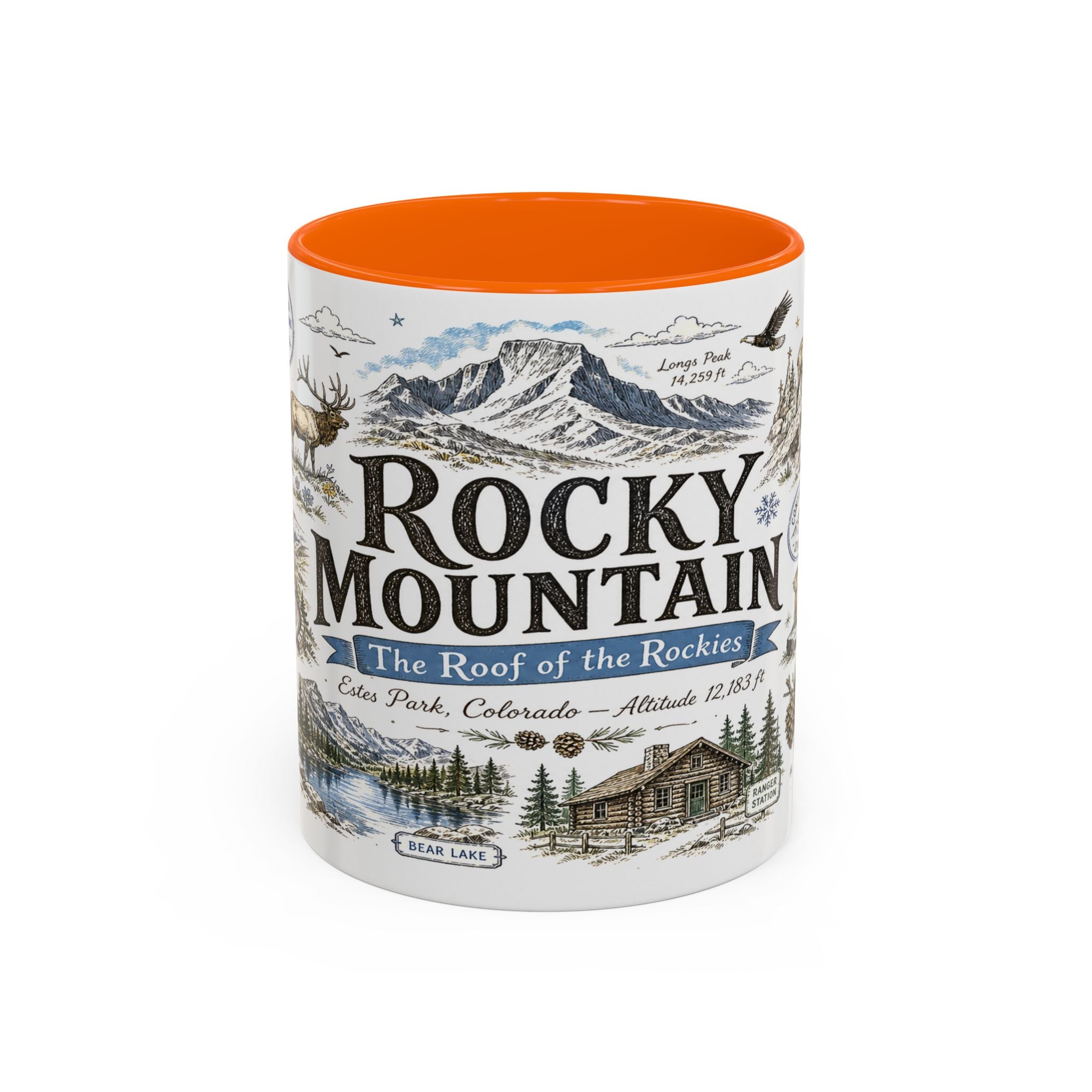 Rocky Mountain Coffee Mug | National Park Hiking Camping Gift | Accent Color Ceramic 11oz 15oz