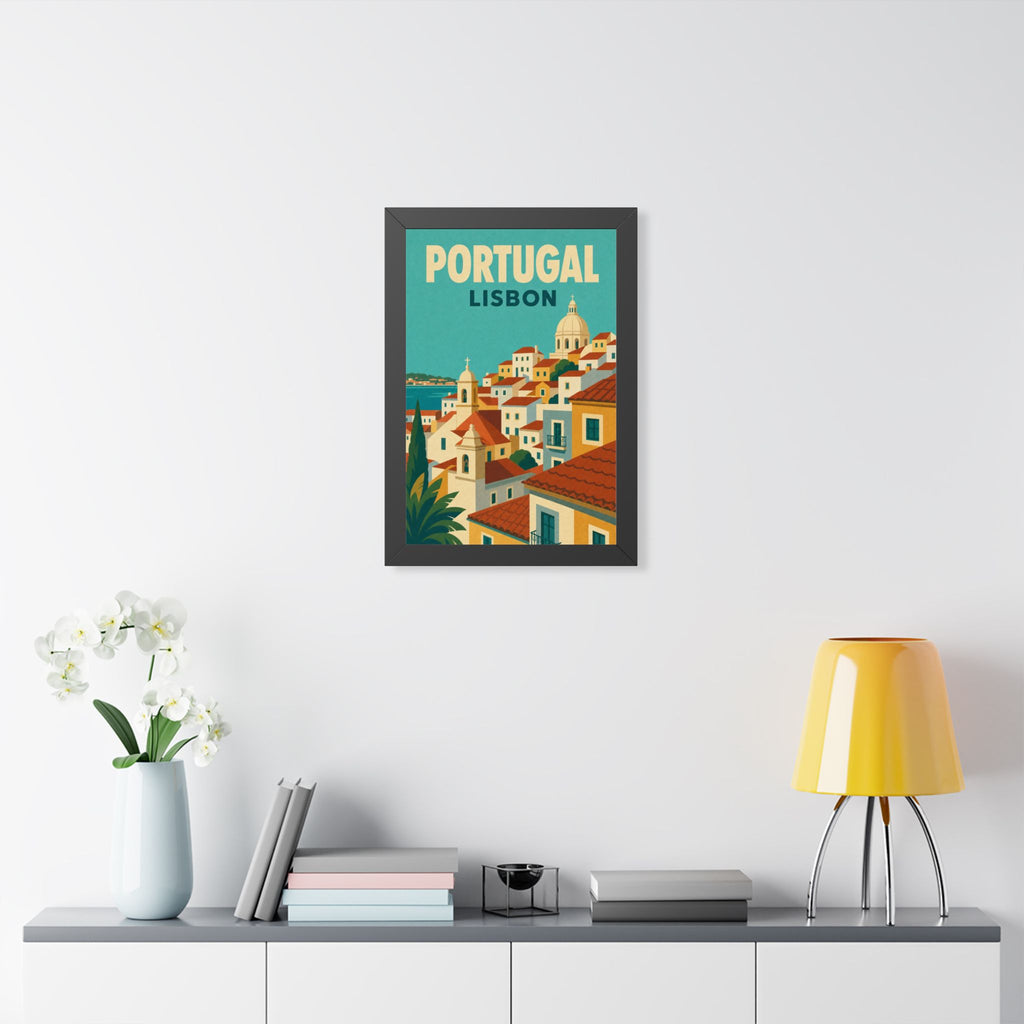 Lisbon Portugal Framed Poster | Vintage Travel Wall Art | Black Walnut White Frame | 16x24 20x30