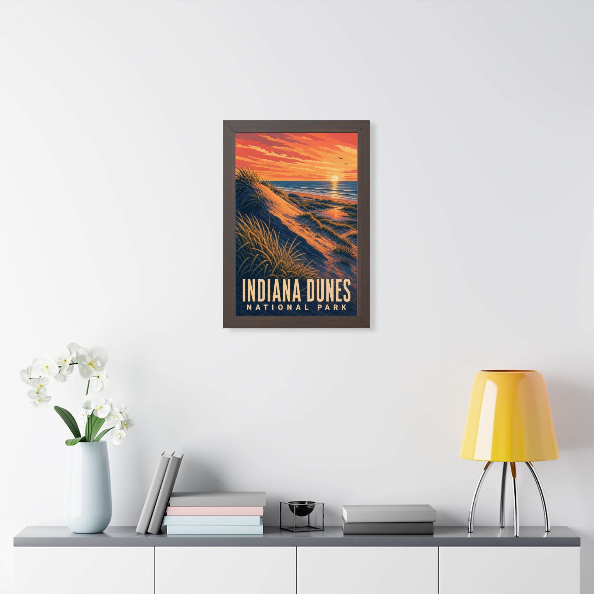 Indiana Dunes National Park Framed Poster | Vintage Travel Wall Art | Black Walnut White Frame | 16x24 20x30