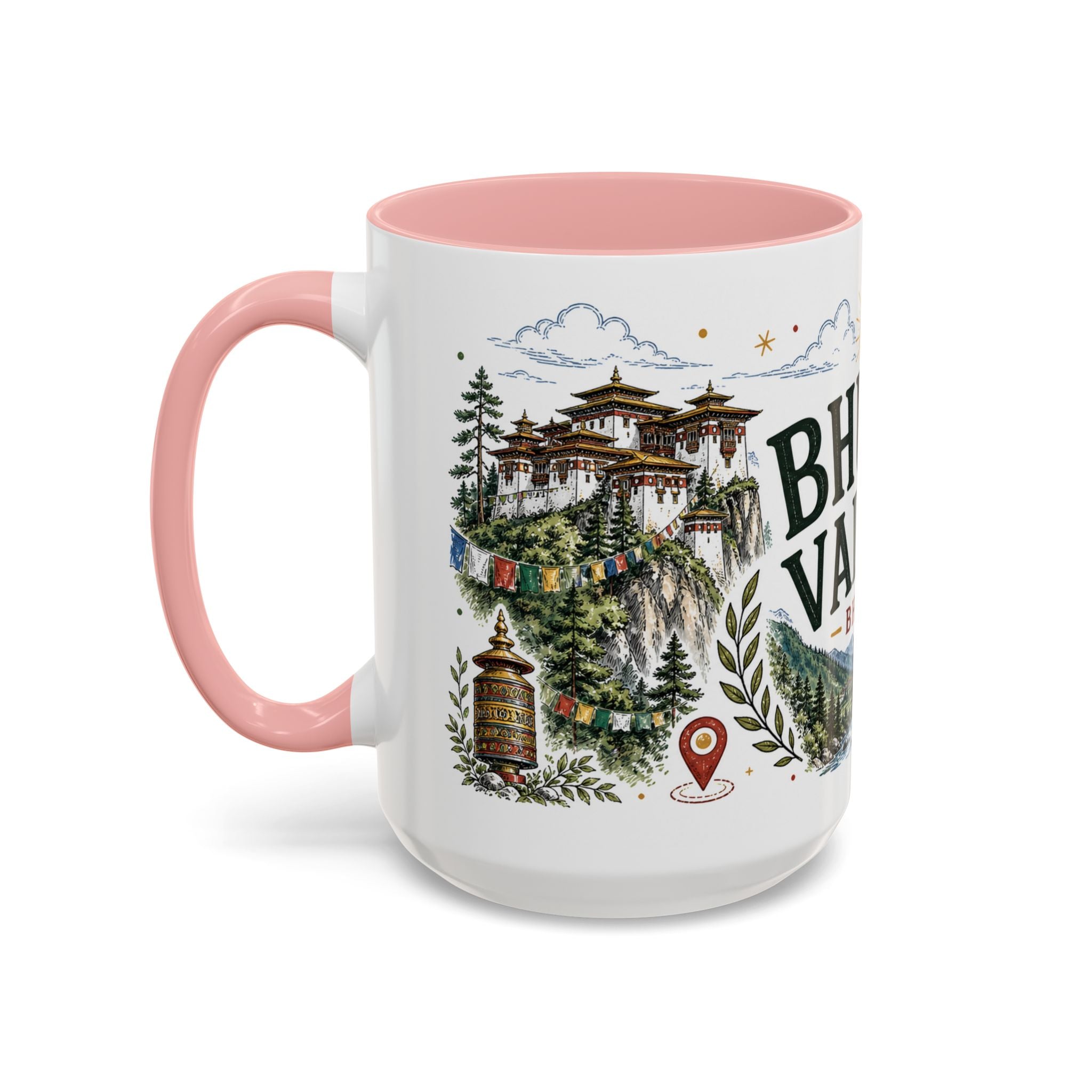 Bhutan Valleys Coffee Mug | Travel Destination Souvenir Gift | Accent Color Ceramic 11oz 15oz