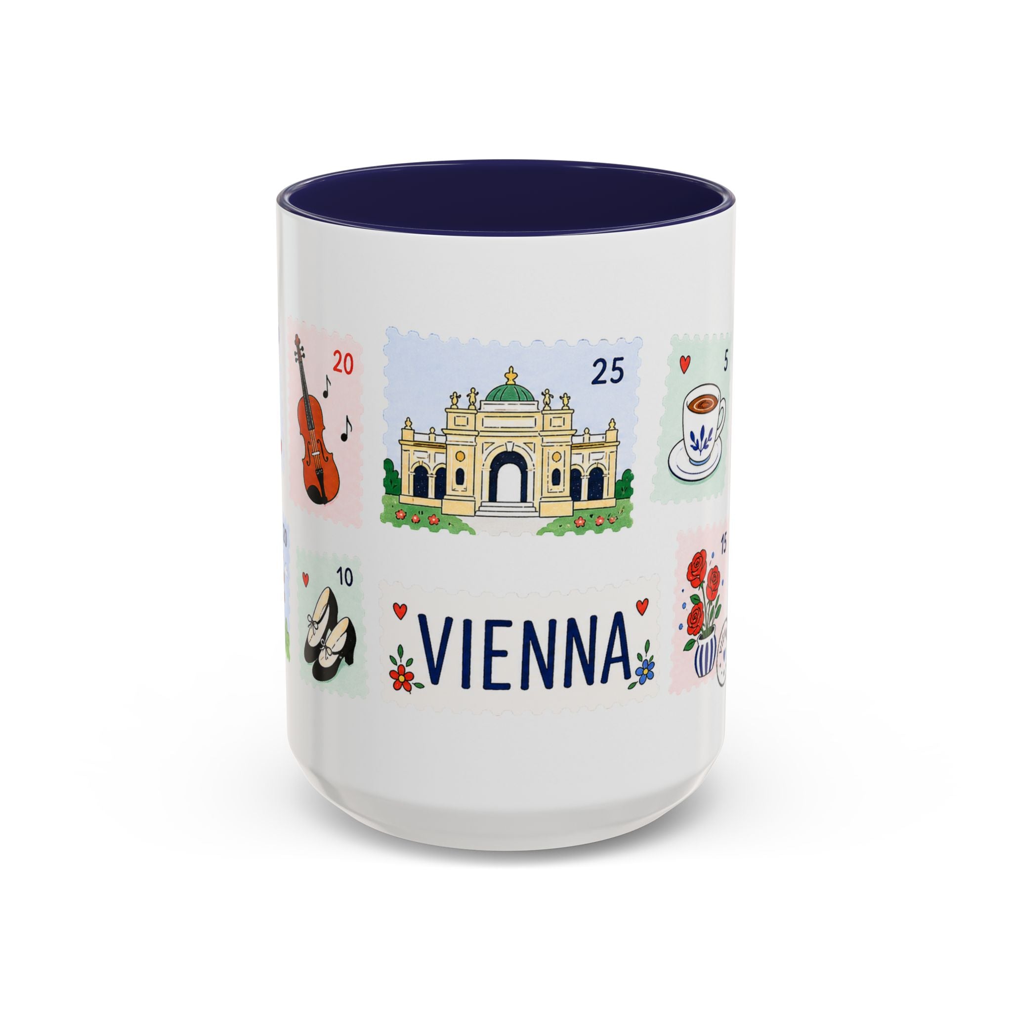 Vienna Coffee Mug | Postage Stamp Collage Mug | Travel Souvenir Accent Cup 11oz 15oz