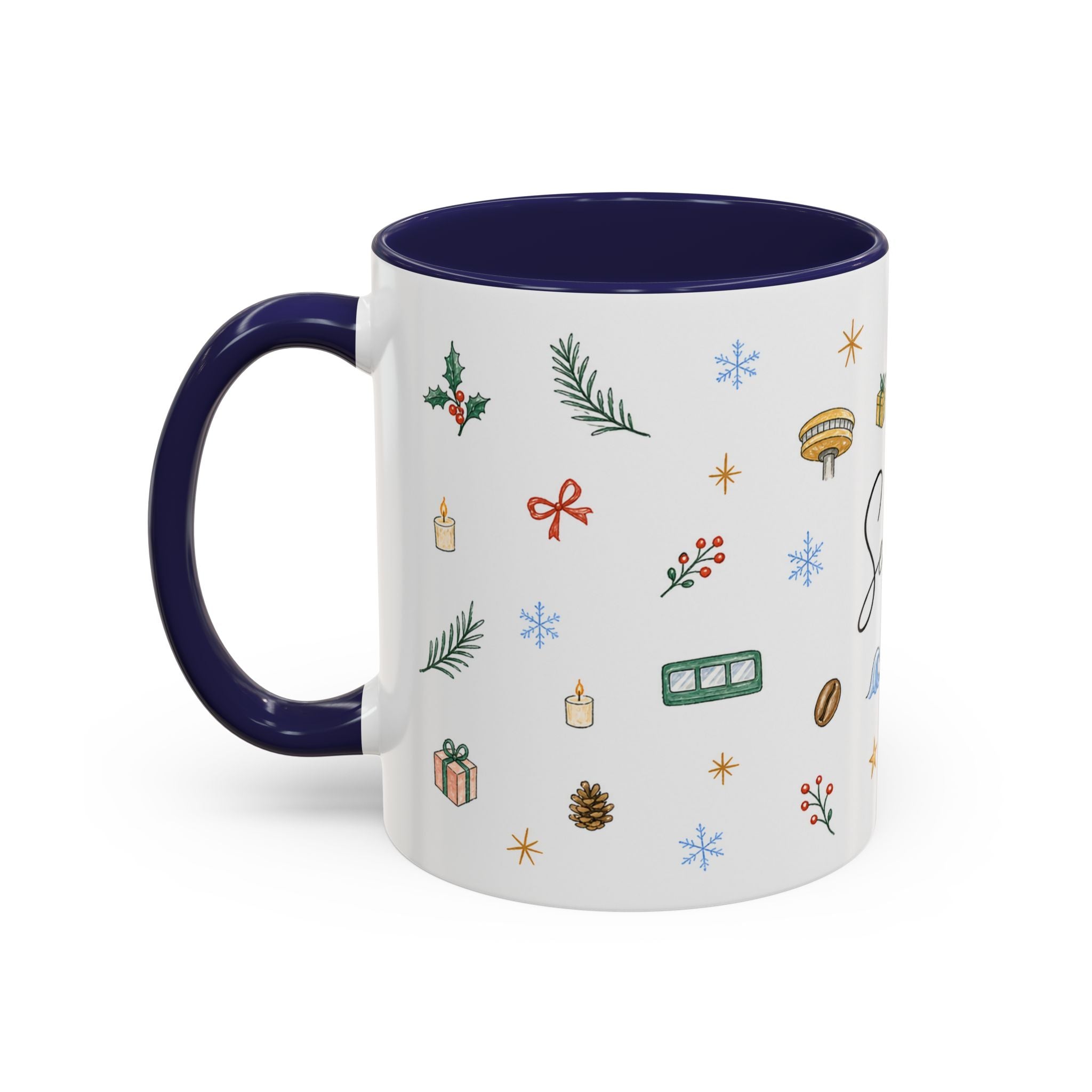 Seattle Christmas Mug | Watercolor Travel Souvenir | Holiday Gift | Accent Ceramic Coffee Cup 11oz 15oz