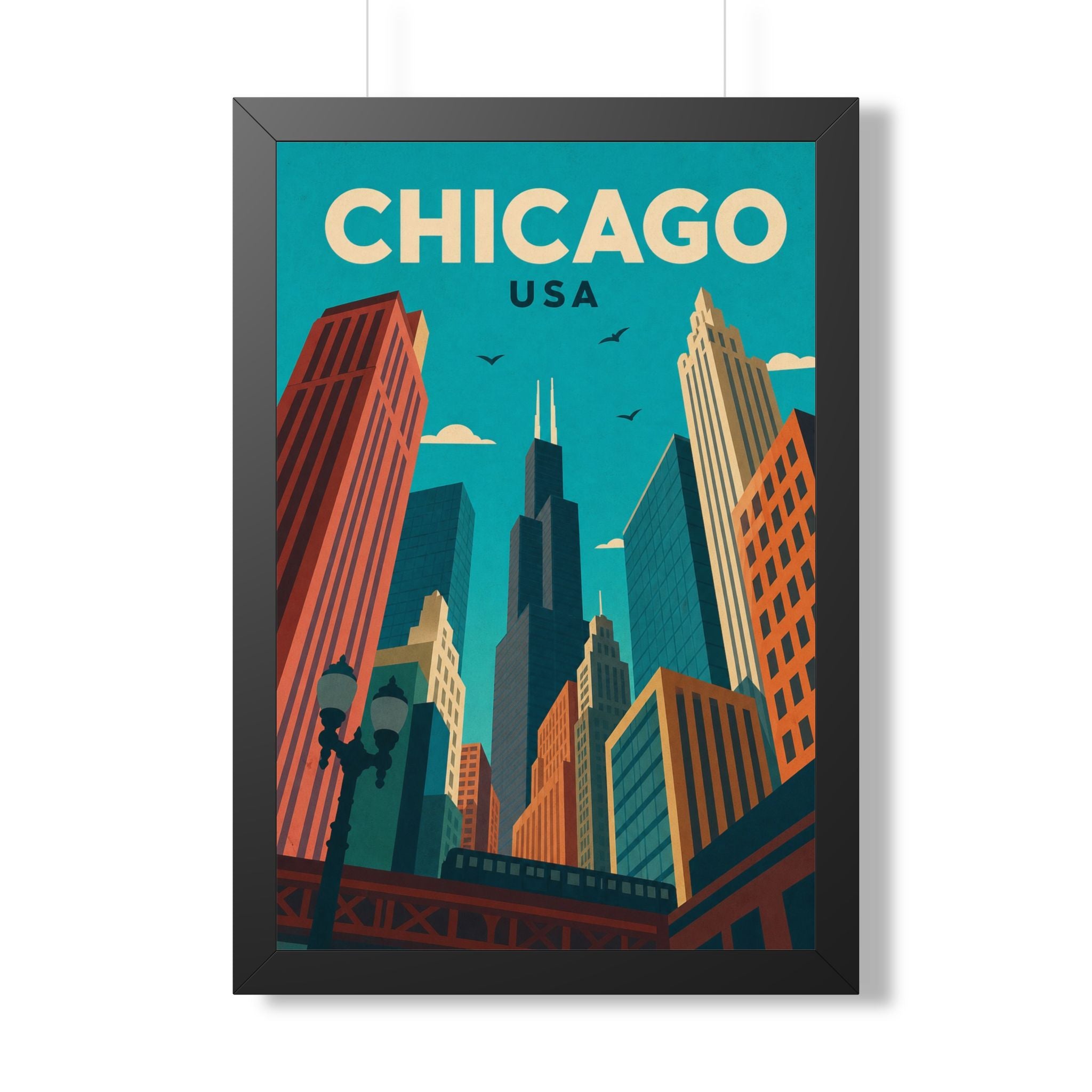 Chicago Downtown United States Framed Poster | Vintage Travel Wall Art | Black Walnut White Frame | 16x24 20x30