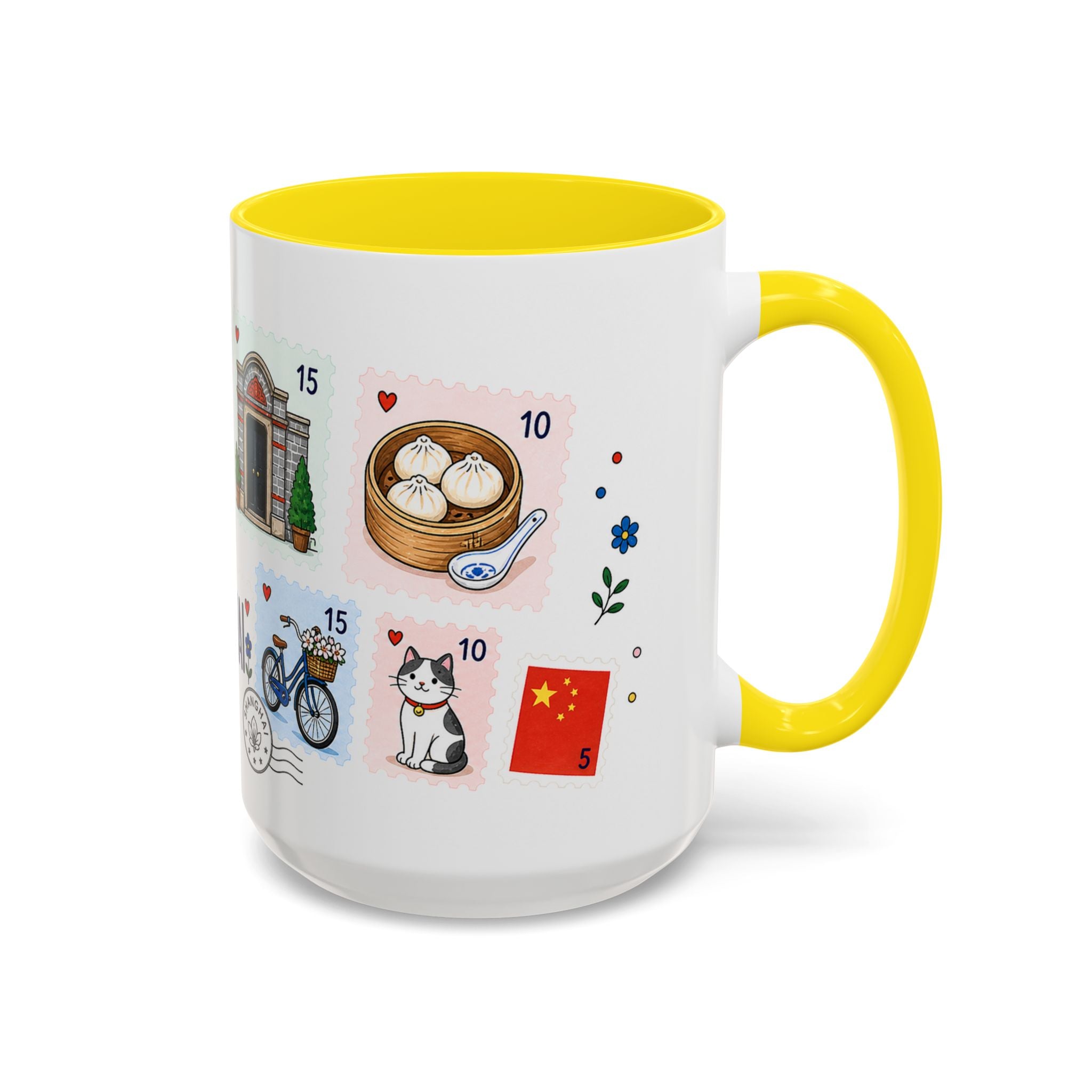 Shanghai Coffee Mug | Postage Stamp Collage Mug | Travel Souvenir Accent Cup 11oz 15oz