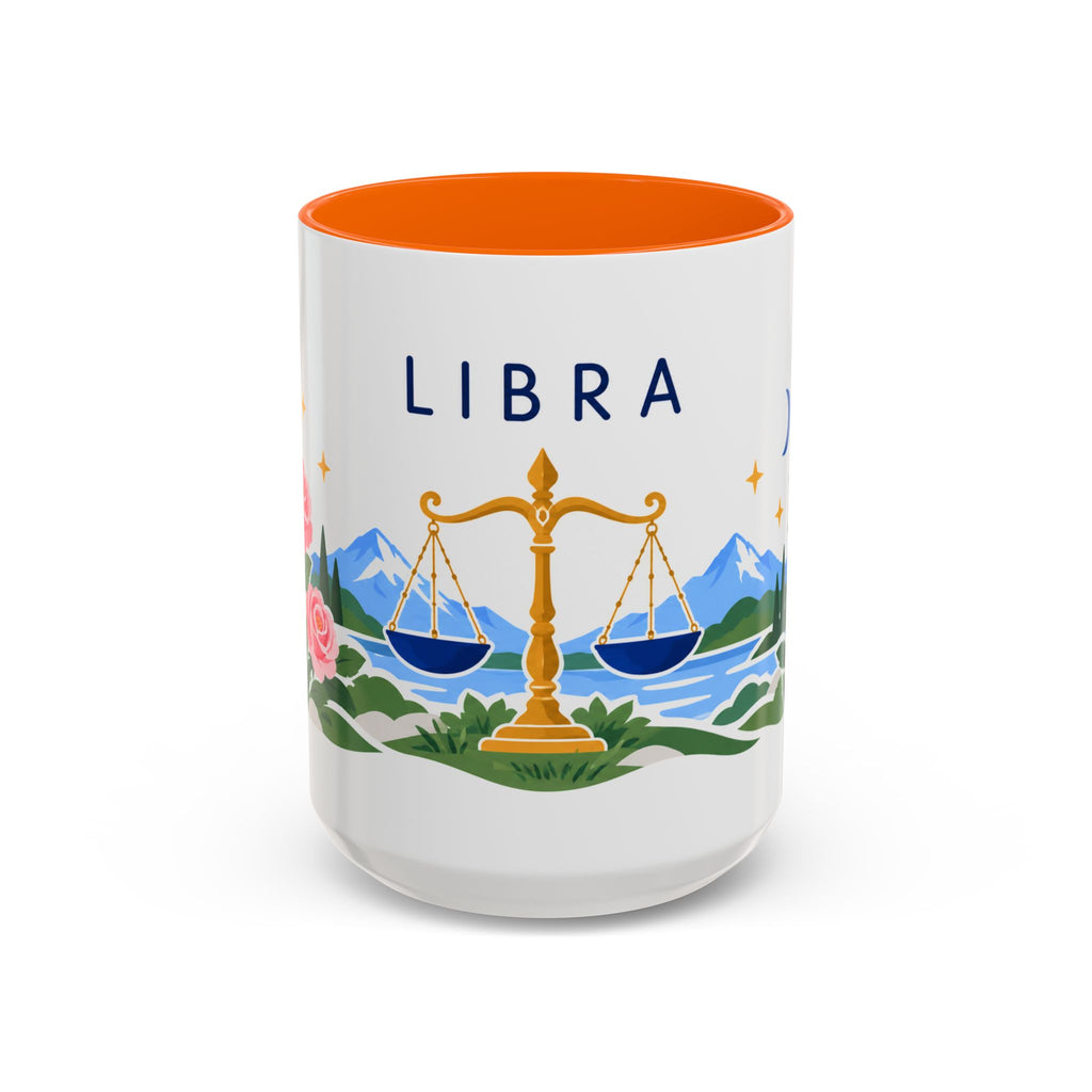 Libra Zodiac Coffee Mug | Scales and Rose Design | Astrology Birthday Gift | 11 oz 15 oz Ceramic Accent Mug